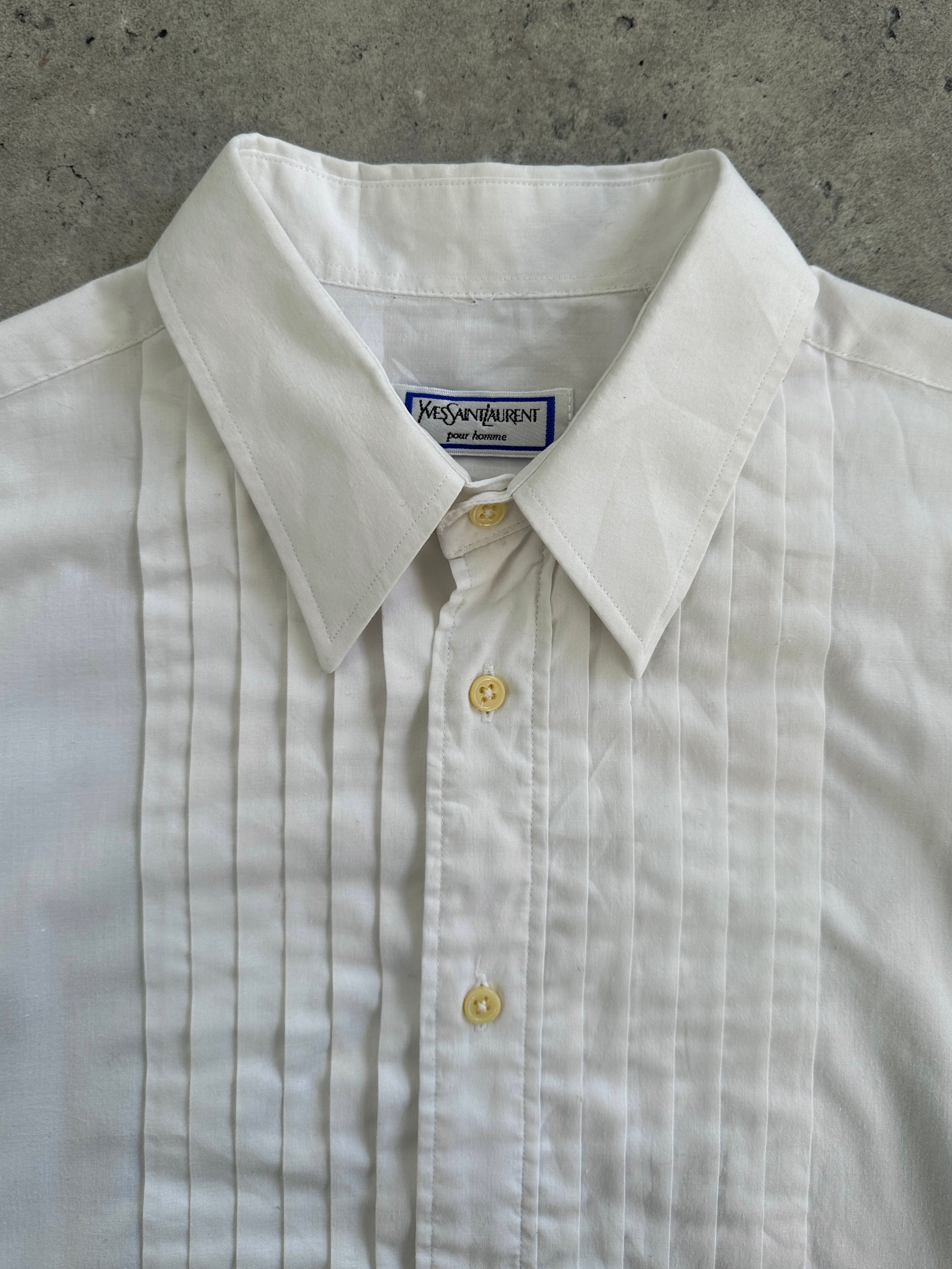 Yves Saint Laurent Pour Homme 1990s tuxedo cotton dress shirt in white, size M, with classic collar and button front.