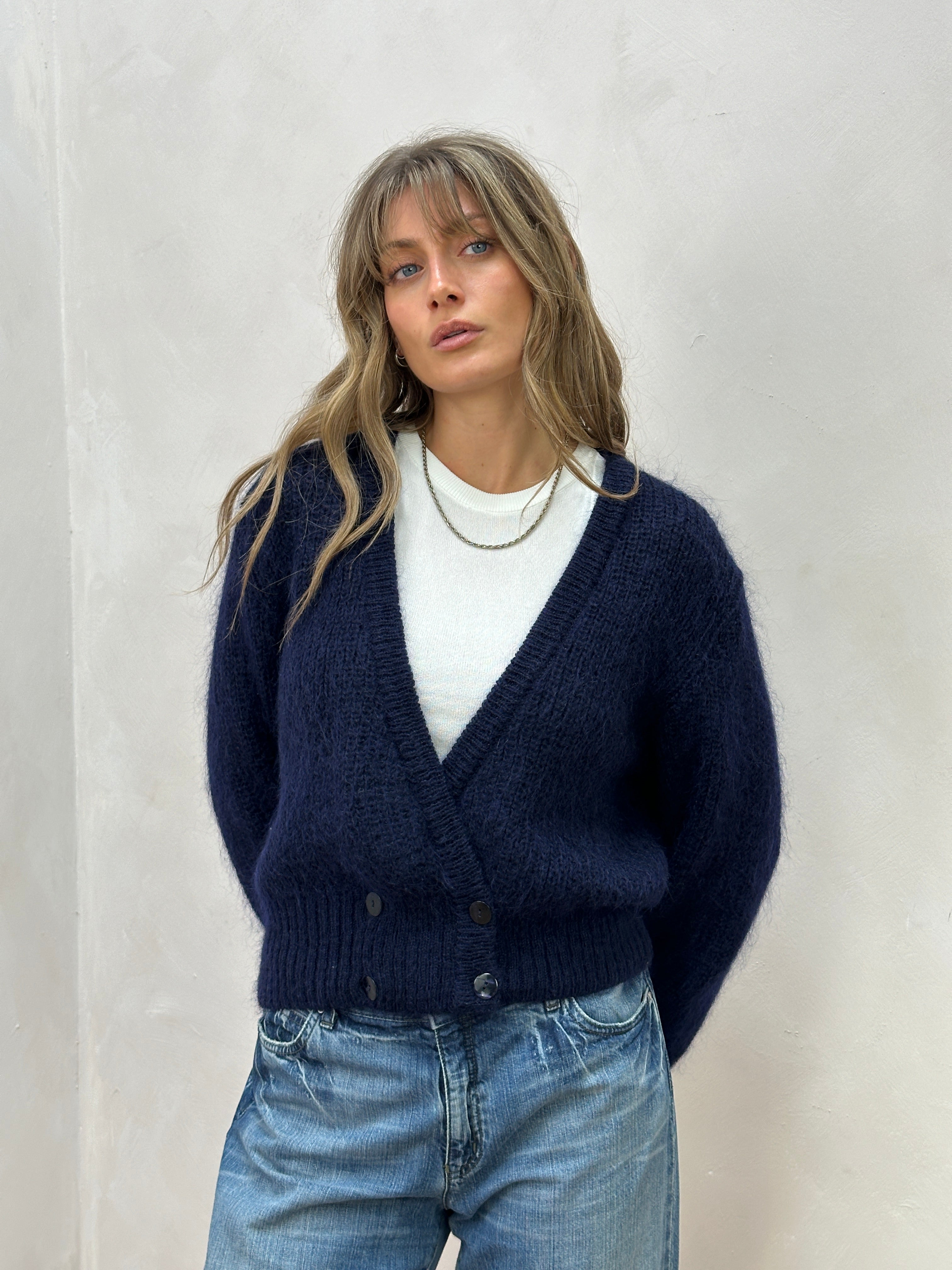 St Michael British Mohair double-breasted cardigan in size M with classic button design and soft, textured fabric.
