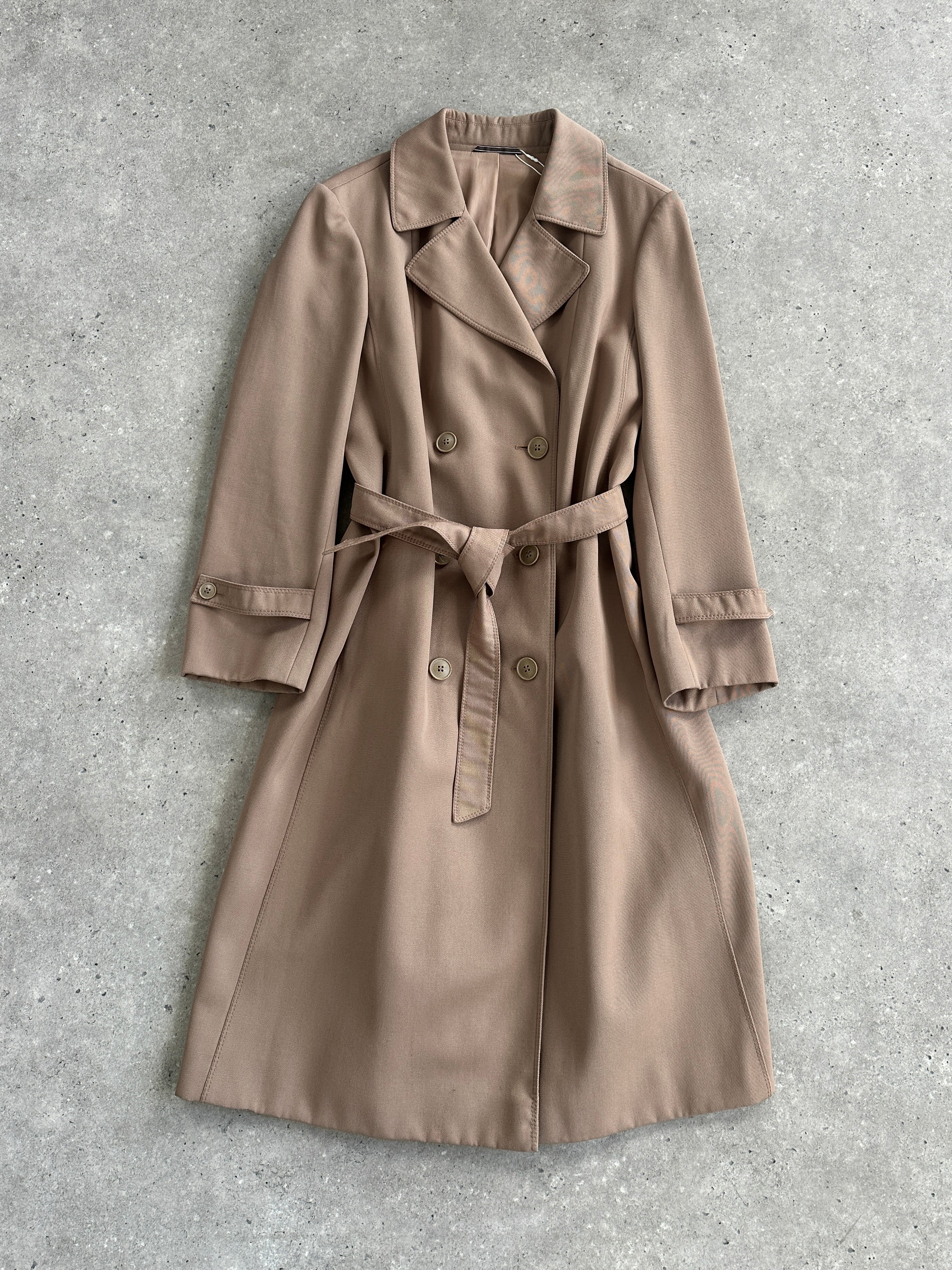 Vintage pure virgin wool double-breasted belted trench coat in classic design, shown on a hanger.