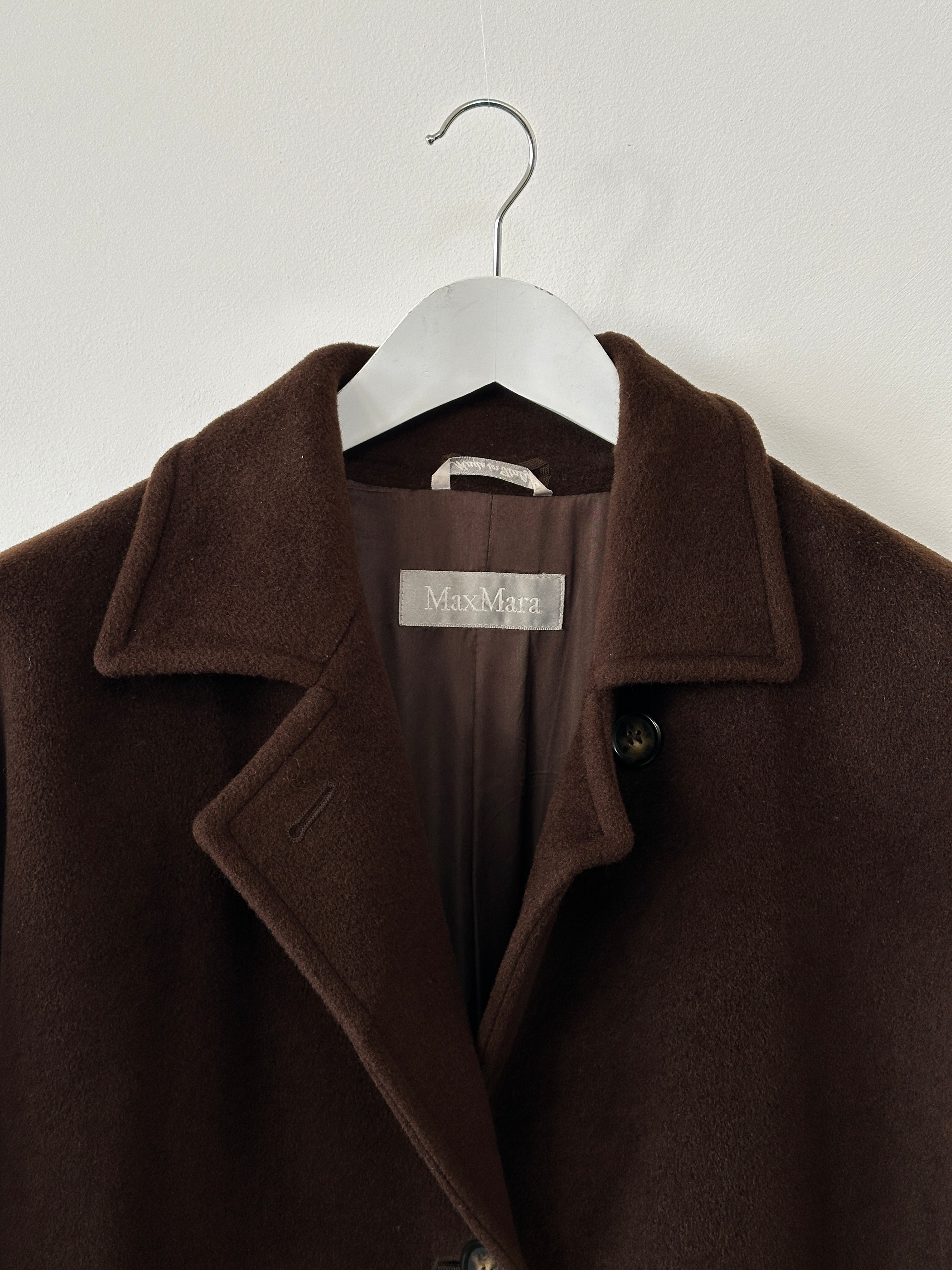Max Mara pure virgin wool A-line coat in XL, stylish and warm outerwear displayed on a hanger.