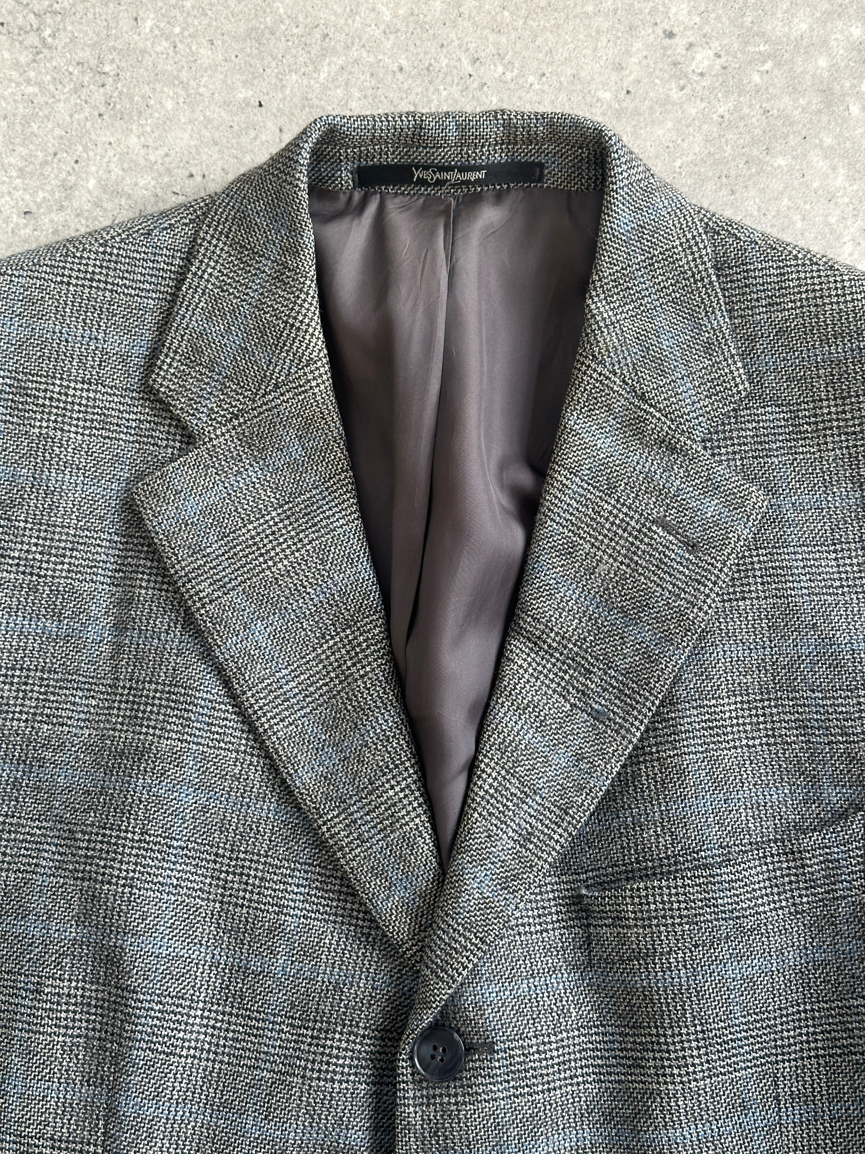 Yves Saint Laurent Pour Homme 1990s check wool blazer, men's tailored blazer in size 40R/L, featuring a classic check pattern.