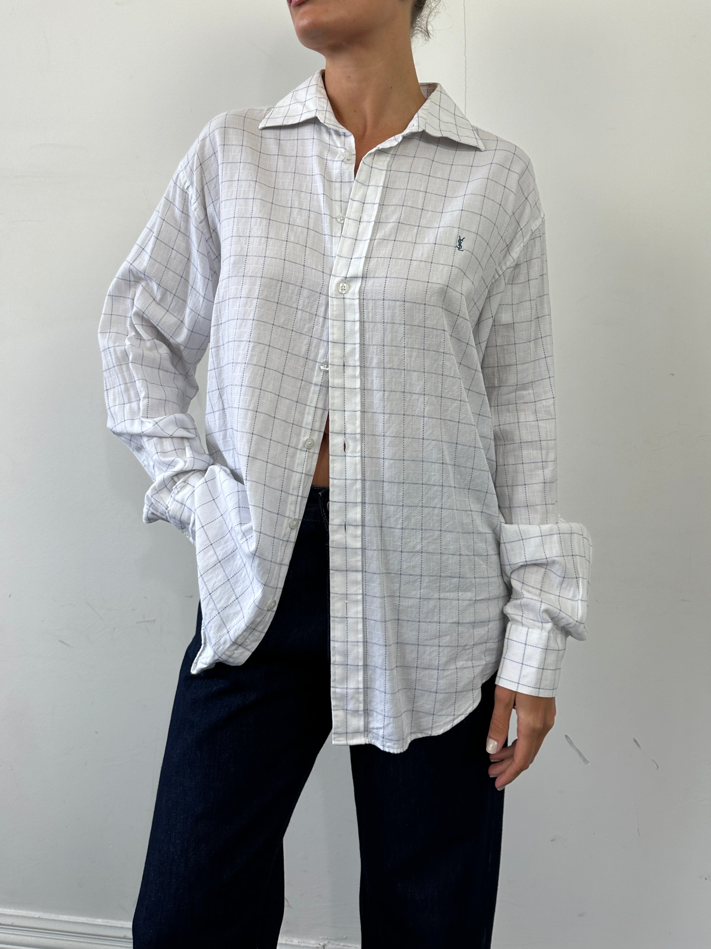 Yves Saint Laurent Pour Homme check pure cotton logo shirt in size L, featuring a classic check pattern and YSL branding.
