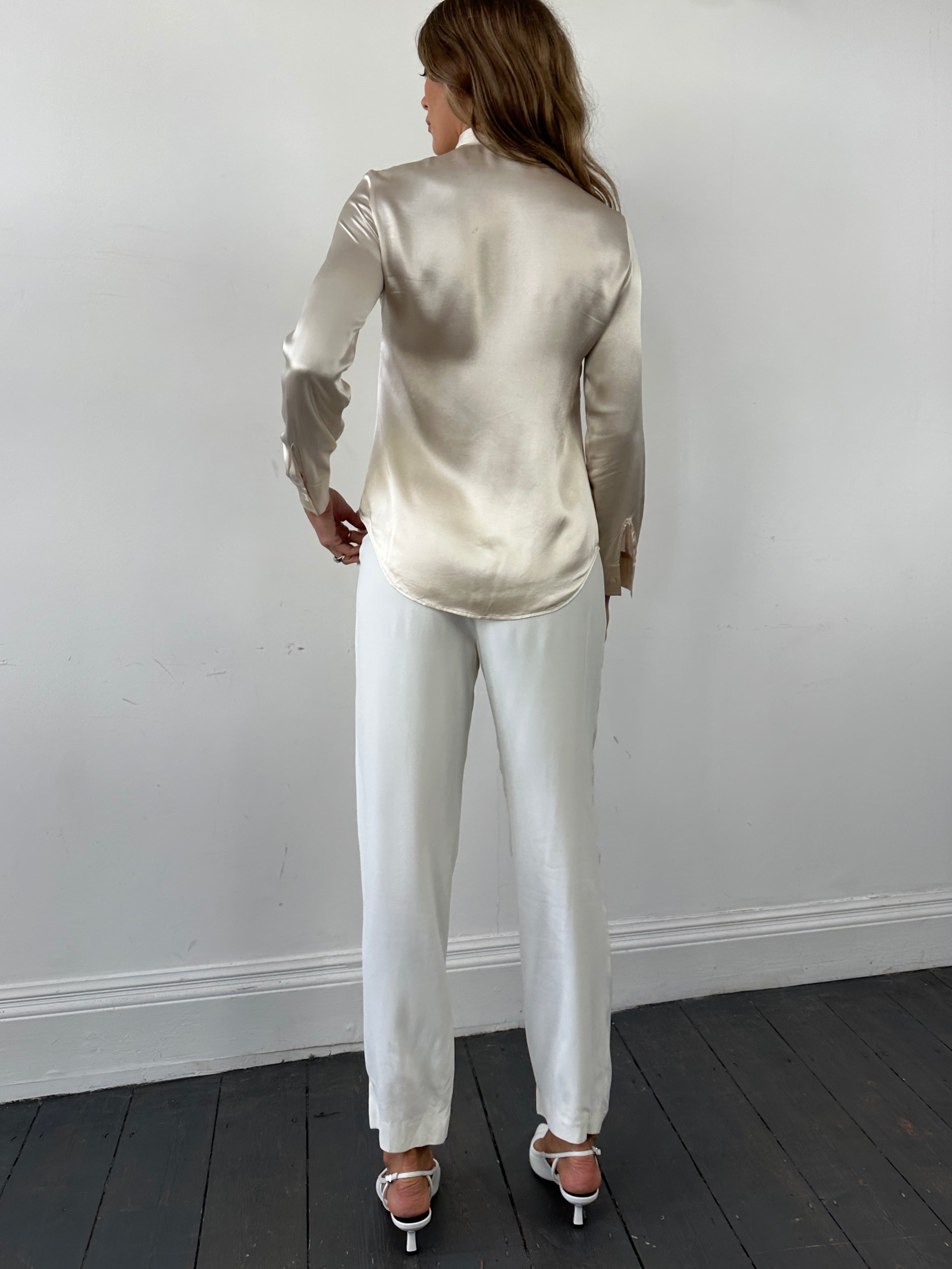 Marella Satin Fitted Shirt in size S, featuring a sleek satin fabric, tailored fit, and classic collar detail.