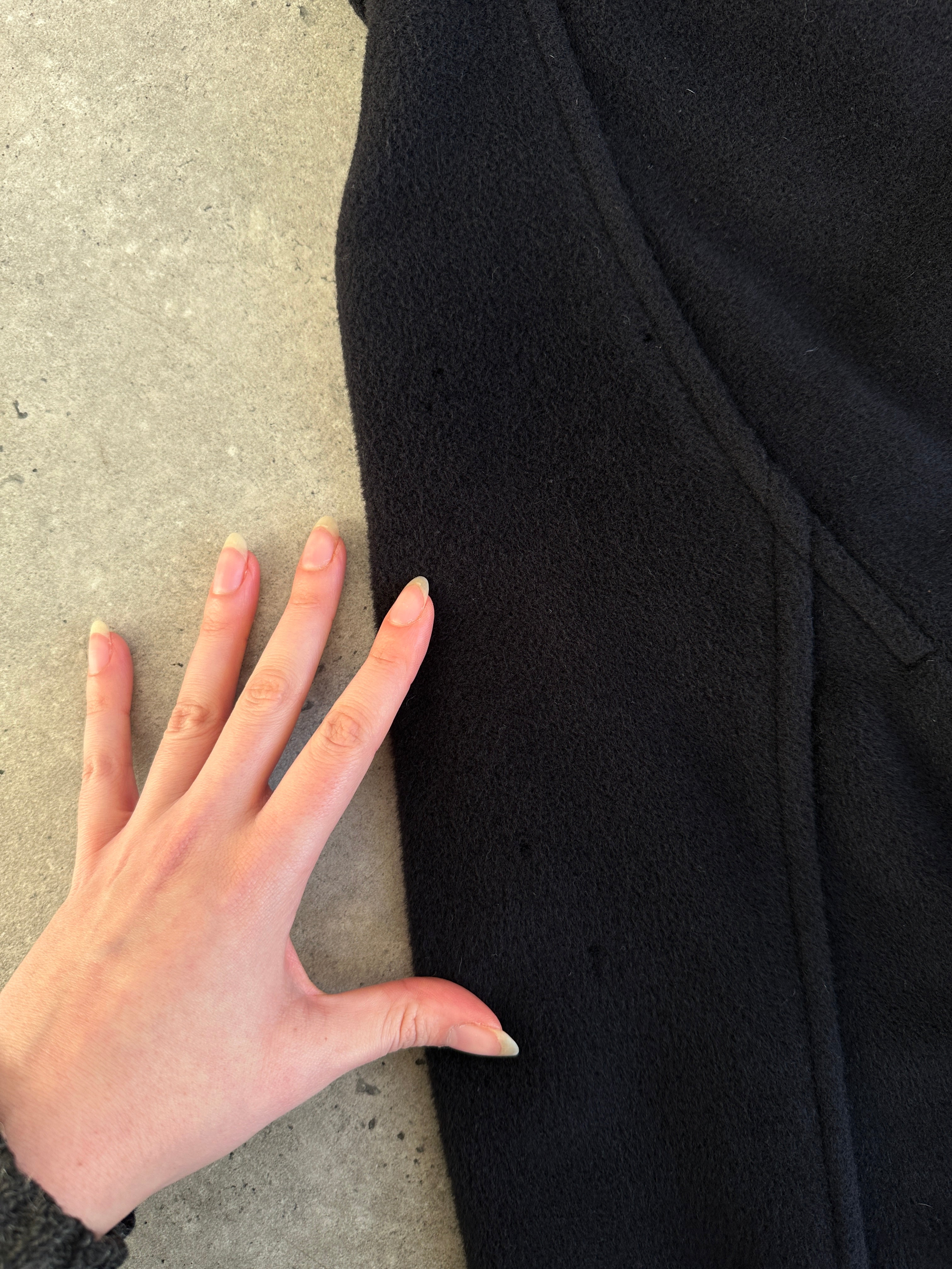 Marella Virgin Wool Cashmere Double Breasted Coat in size L, featuring classic design and tailored fit, displayed on a hanger.