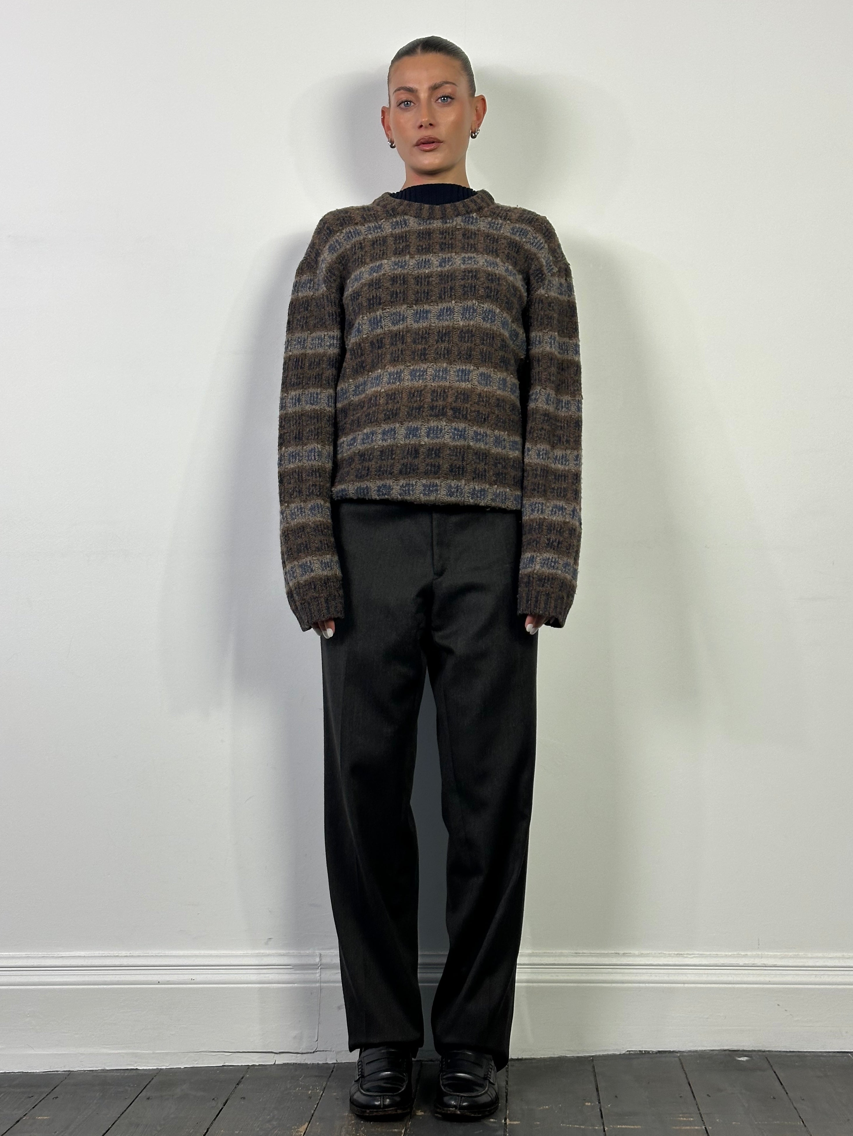 Vintage brushed wool straight leg tailored trousers in size W36, shown in a classic fit with a neutral color.