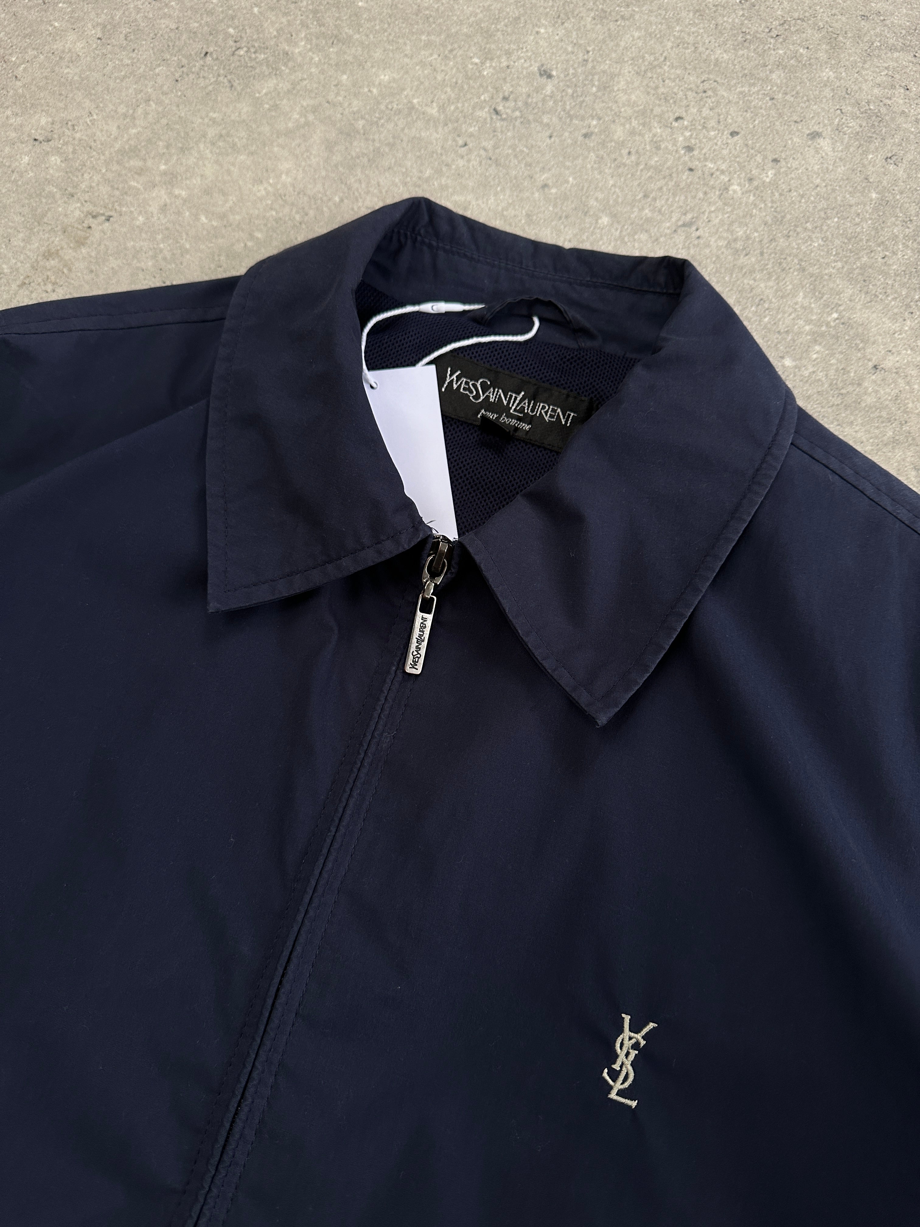 Yves Saint Laurent Pour Homme cotton logo bomber jacket in black, featuring front zipper and signature branding, size large.