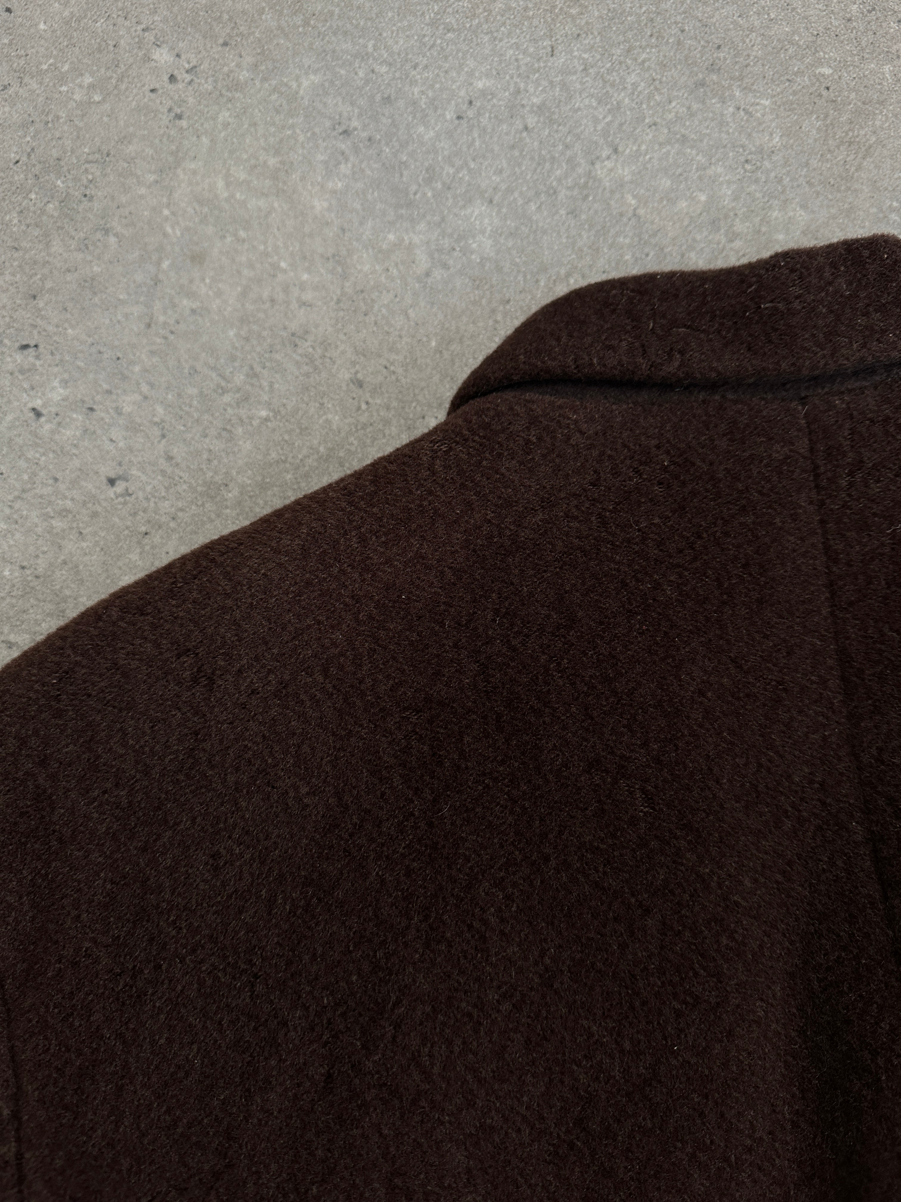 Moschino 1980s wool cashmere double-breasted coat in XL, featuring a classic tailored design with wide lapels and button details.