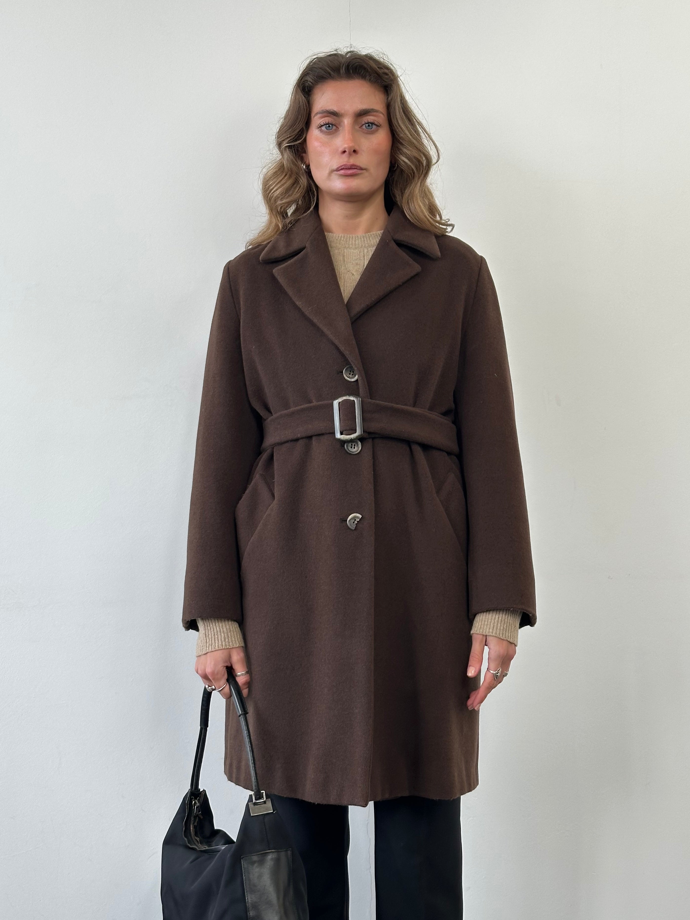 Marella Virgin Wool Single Breasted Belted Coat in M, shown in a neutral color, featuring a classic collar and waist belt.