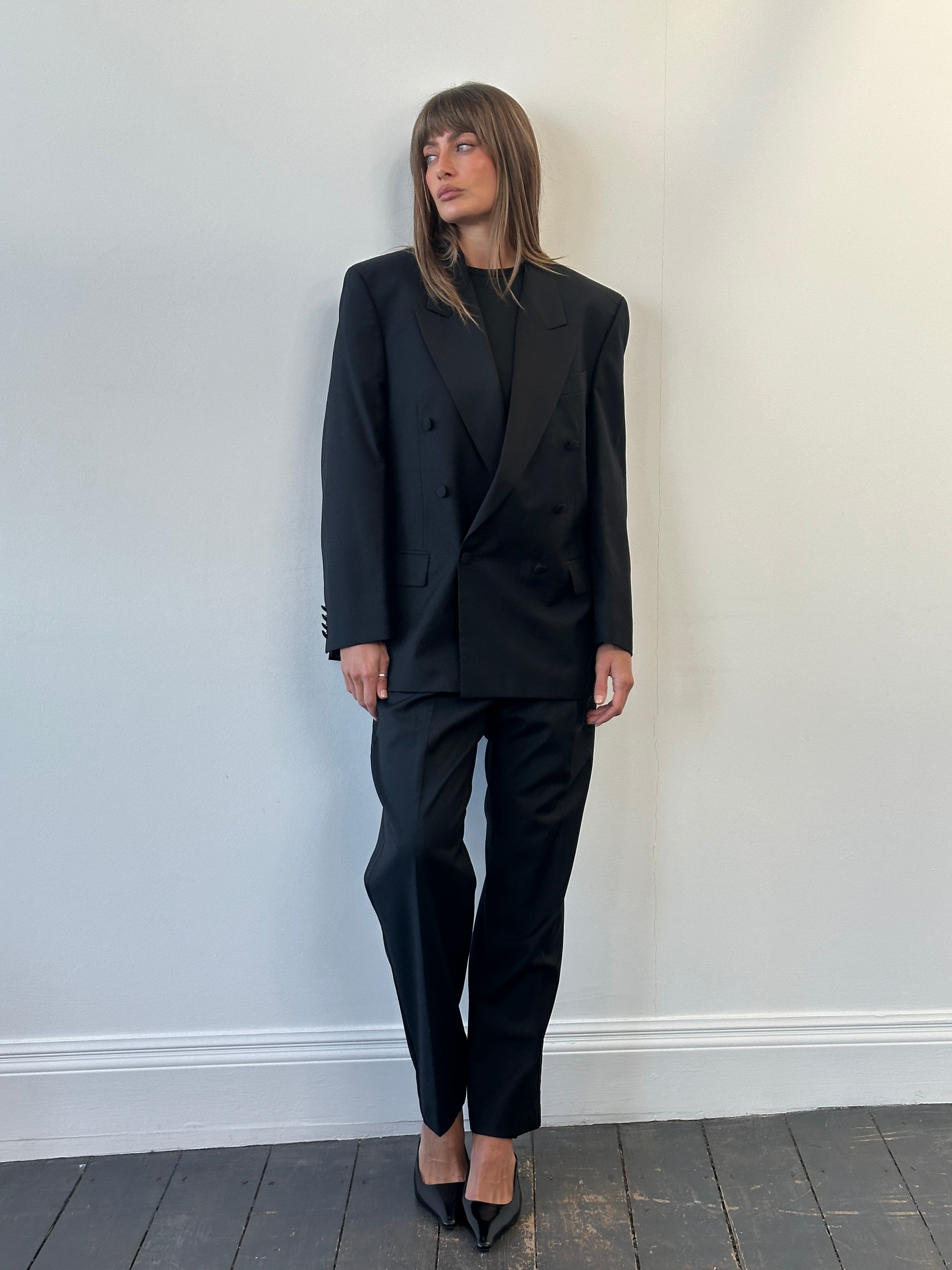 Pierre Cardin 1990s men's tuxedo suit, pure wool double-breasted design, size 42S/W33-34, tailored fit with classic lapels.