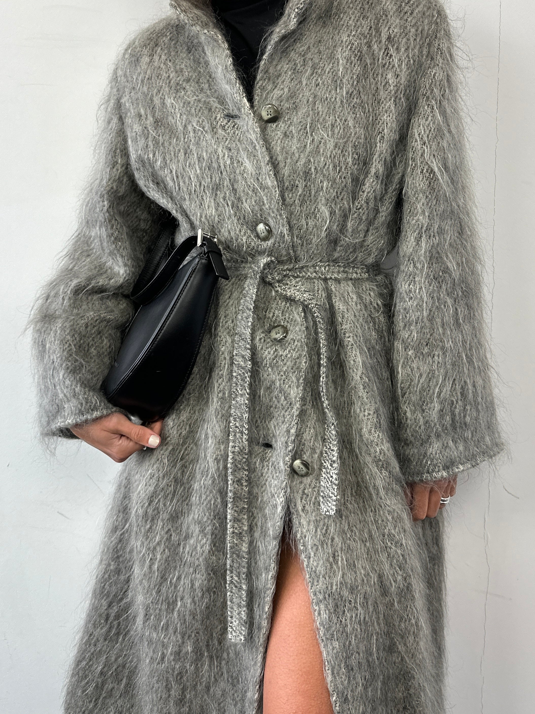 Jaeger mohair wool fuzzy belted coat in size L, featuring a cozy, textured design with a waist belt and classic coat silhouette.