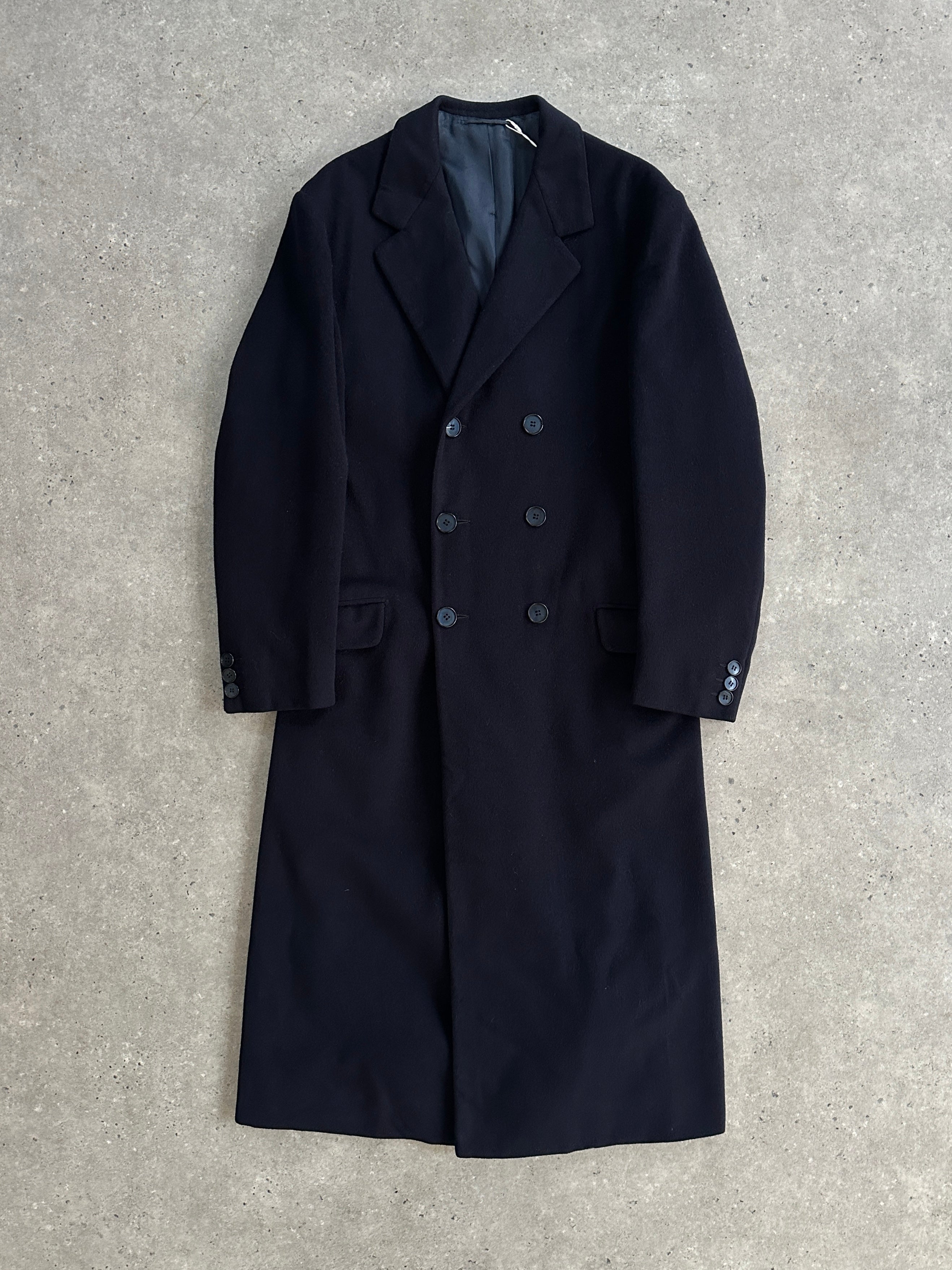 Vintage wool double-breasted floor-length coat in size S/M, featuring a classic design with wide lapels and a tailored fit.