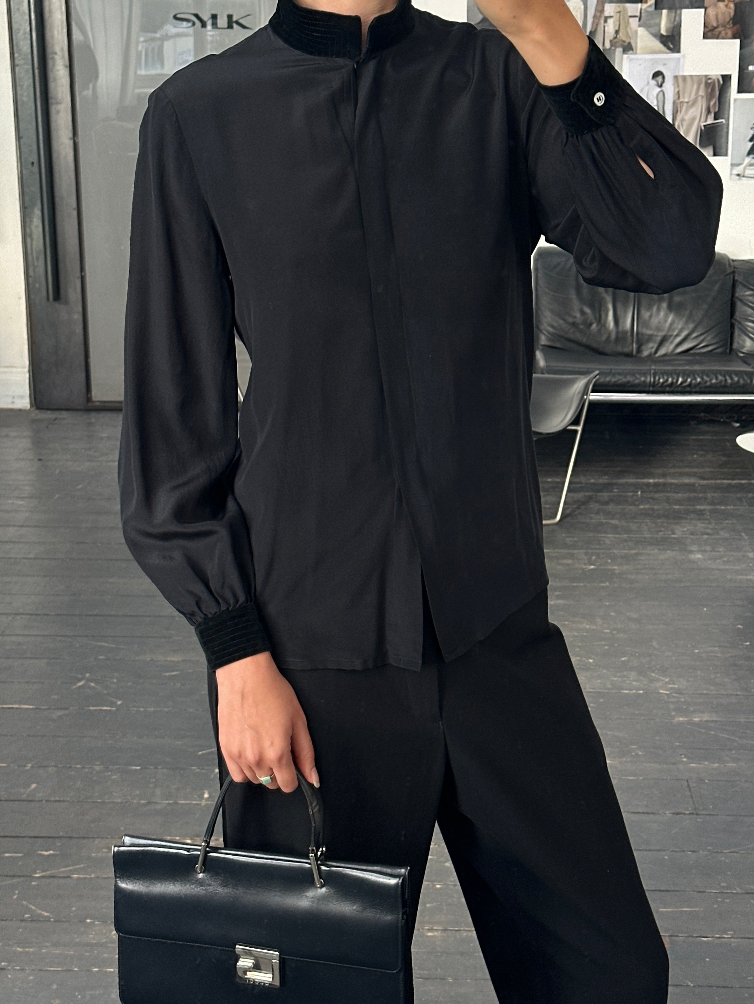 Italian vintage 1980s pure silk shirt, XS/S, with classic design and luxurious fabric, displayed flat showing collar and front buttons.