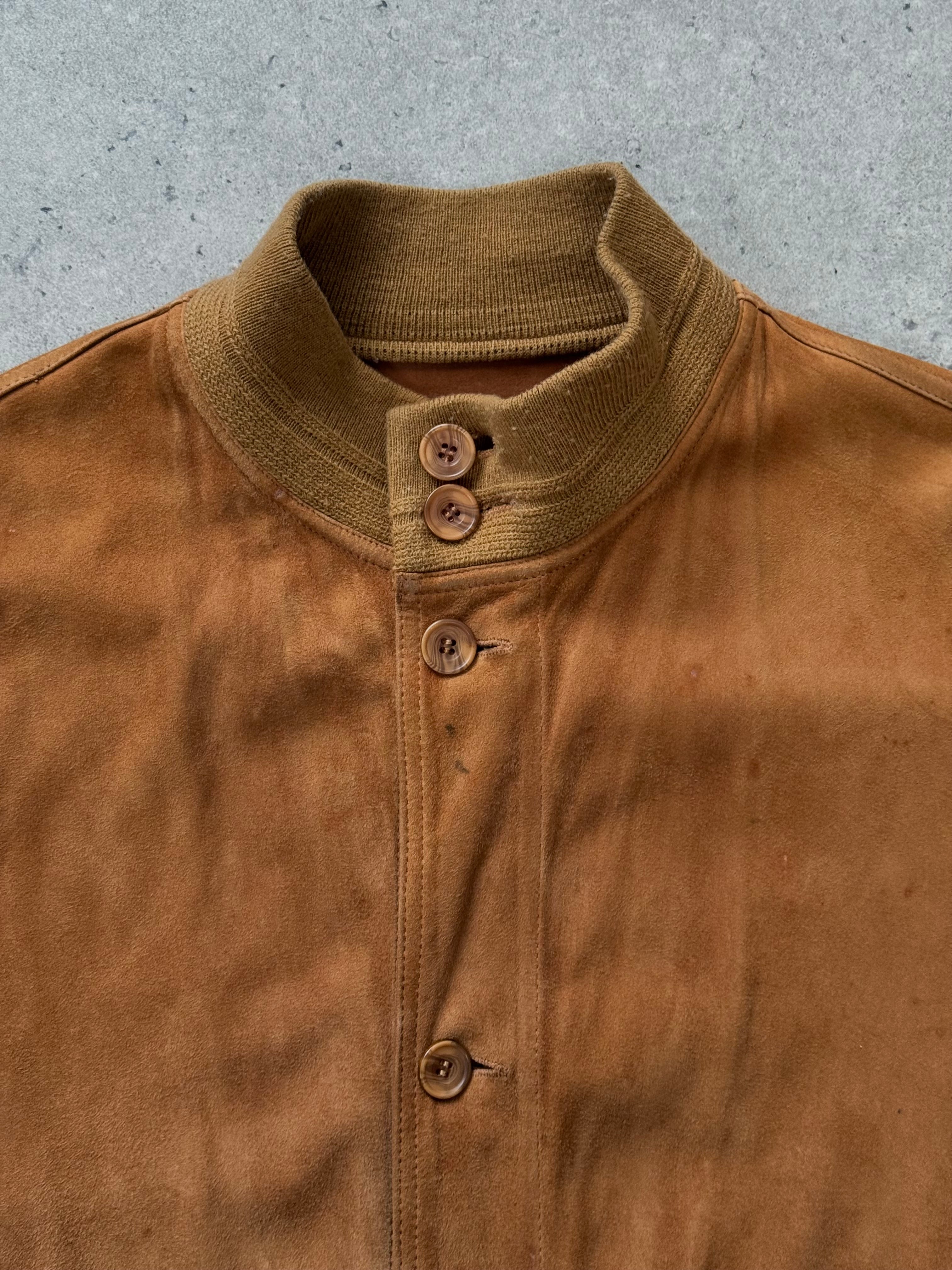 Vintage Italian 1980s reversible suede leather jacket, size large, featuring classic design and soft suede texture.