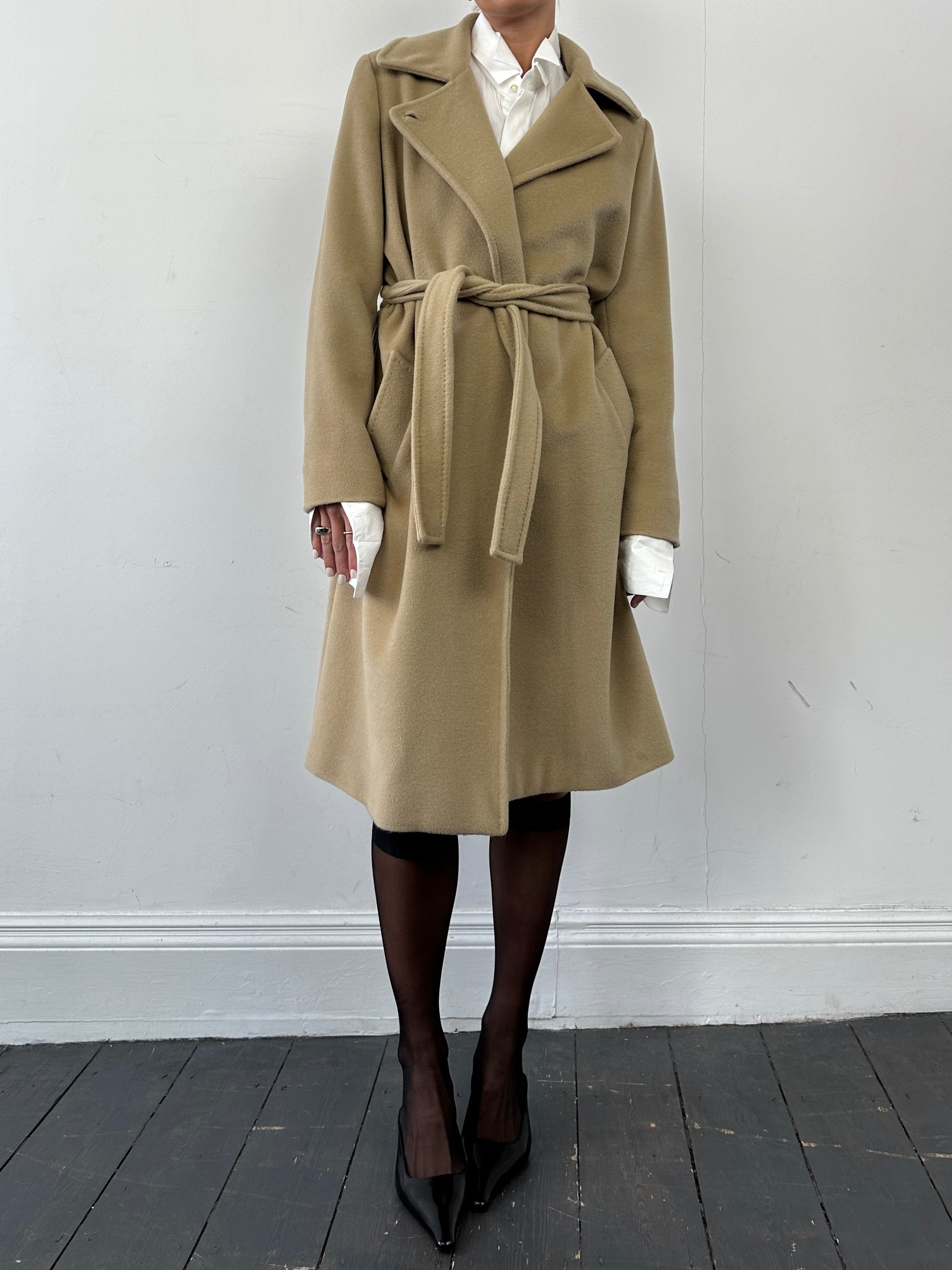 Marella Virgin Wool Cashmere Belted Wrap Coat in neutral tones, shown hanging with front view and belt tied at waist.