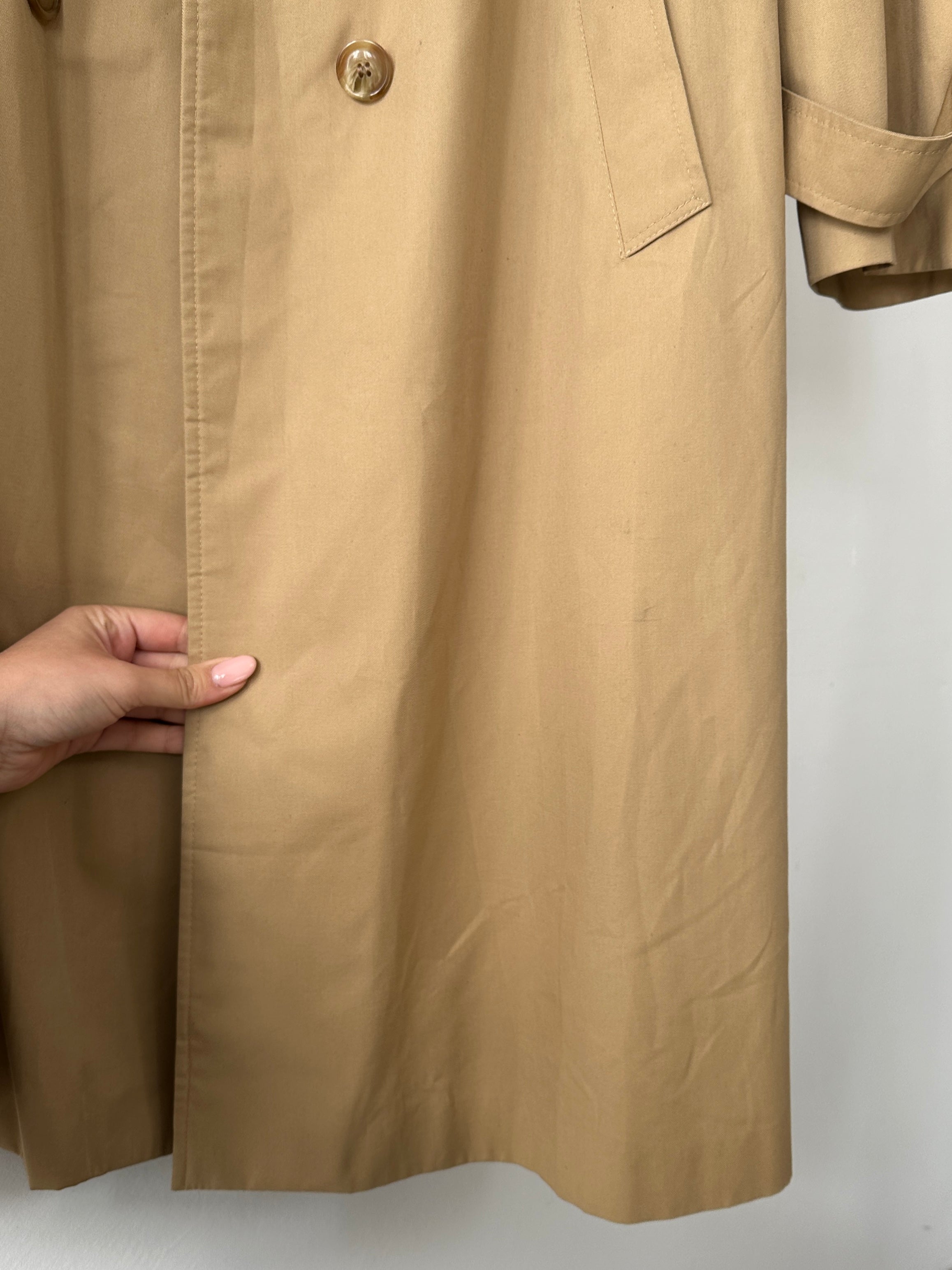 Vintage cotton double-breasted belted trench coat, size L, classic style with lapels and button details, in neutral beige fabric.