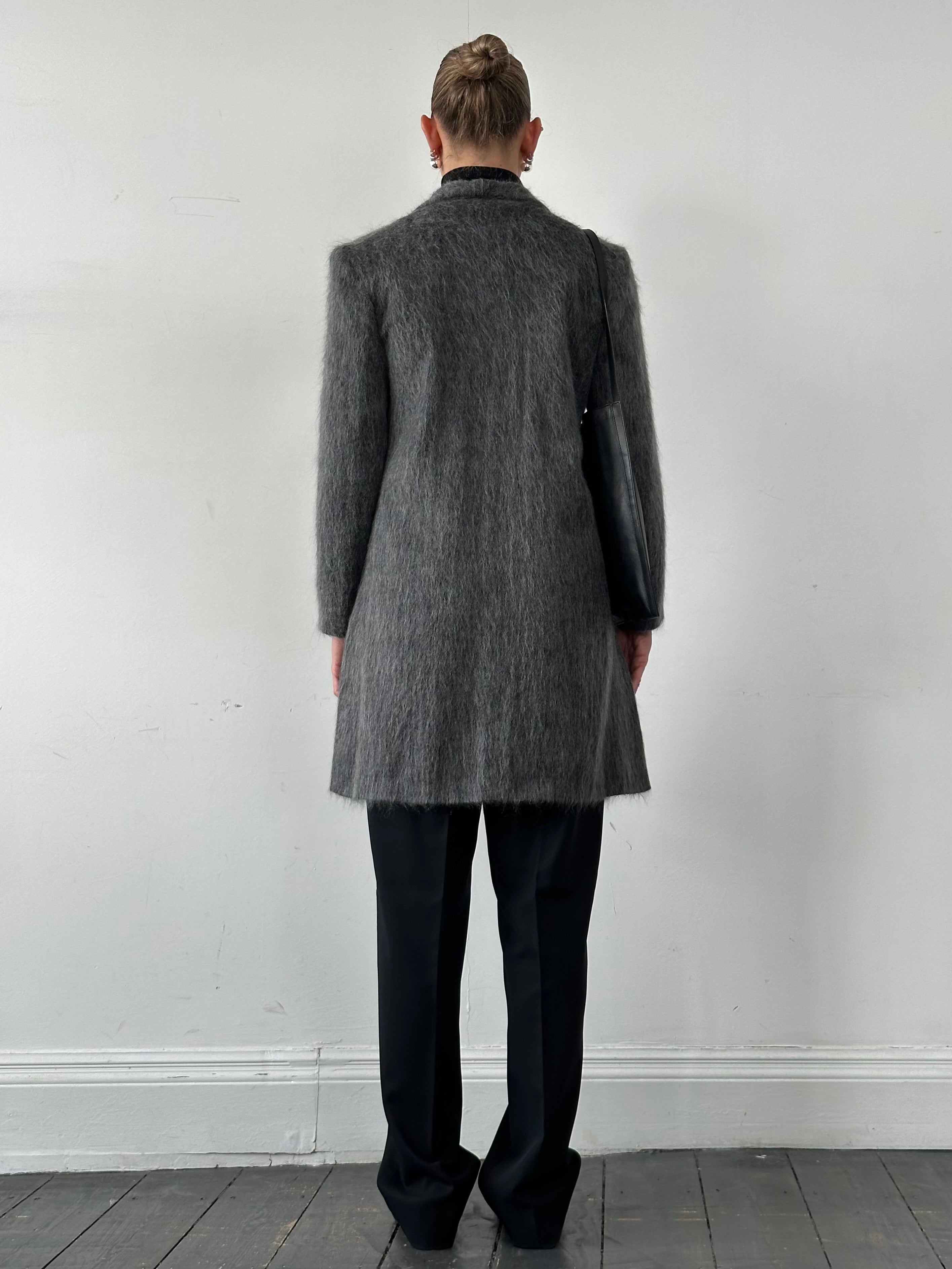 Emporio Armani fuzzy wool and mohair single-breasted coat in size M, featuring a stylish design and classic tailored fit.