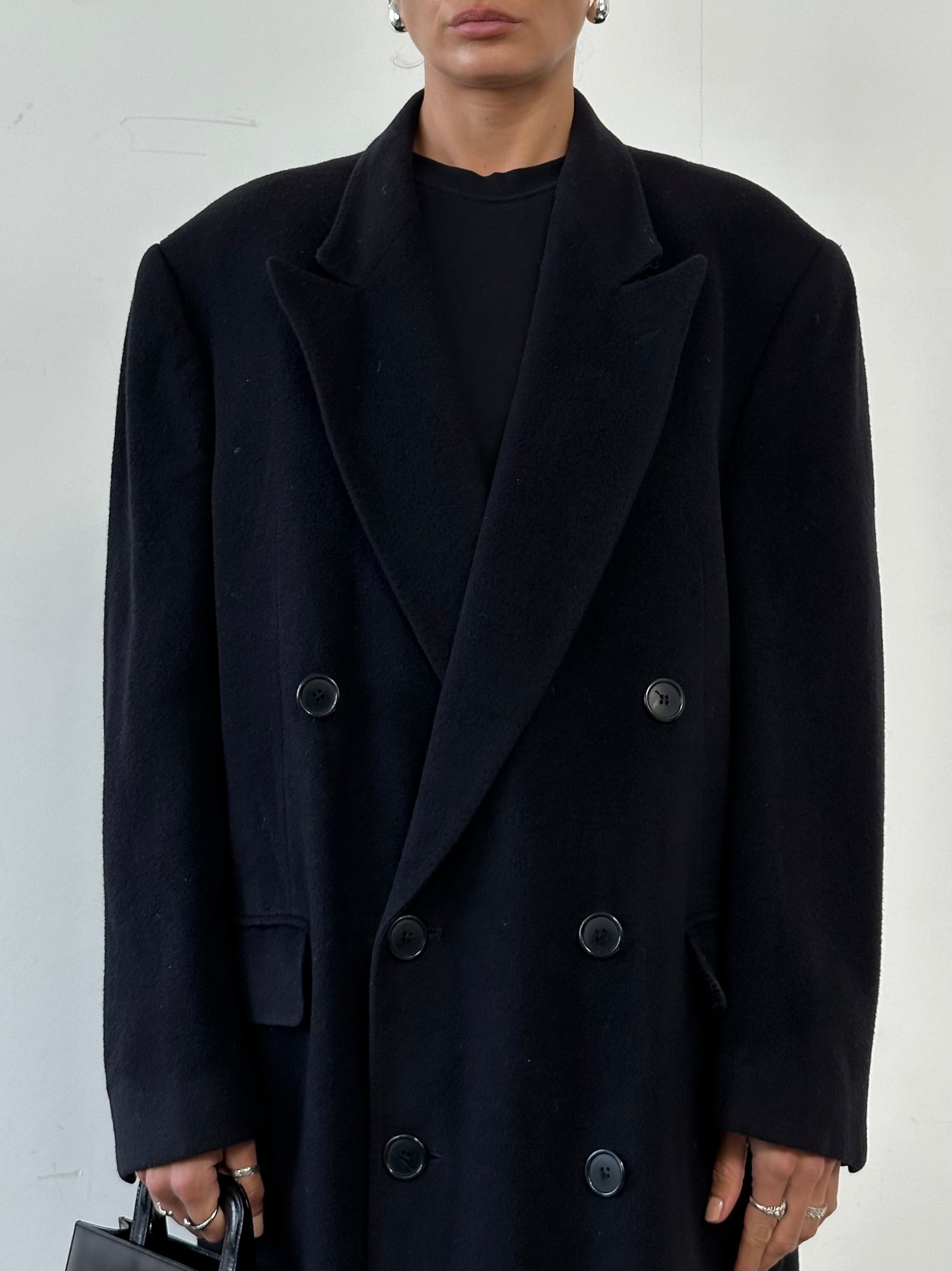 Yves Saint Laurent wool alpaca double-breasted coat in XL, featuring a classic tailored design with wide lapels and button details.