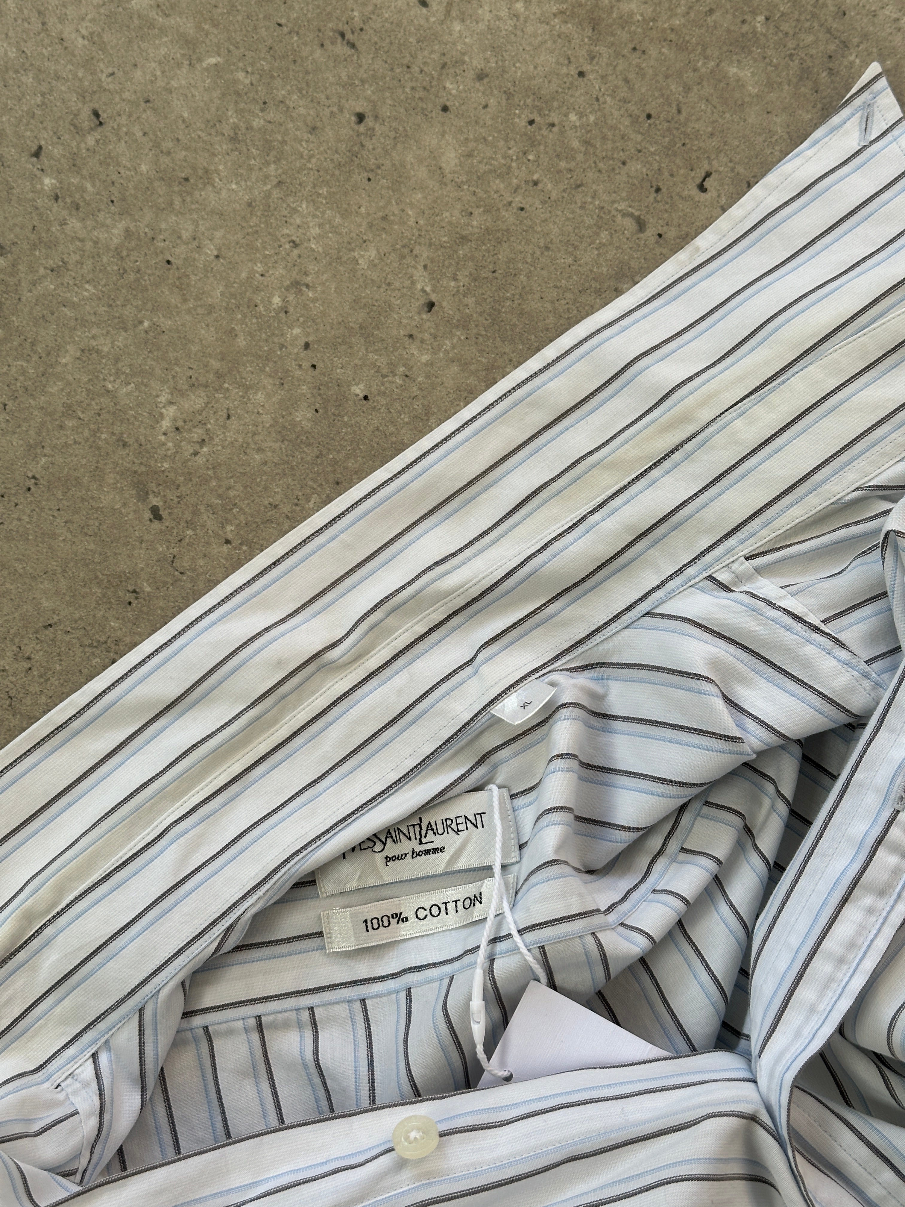 Yves Saint Laurent pure cotton stripe logo shirt in XL, featuring classic design with bold stripes and YSL logo details.