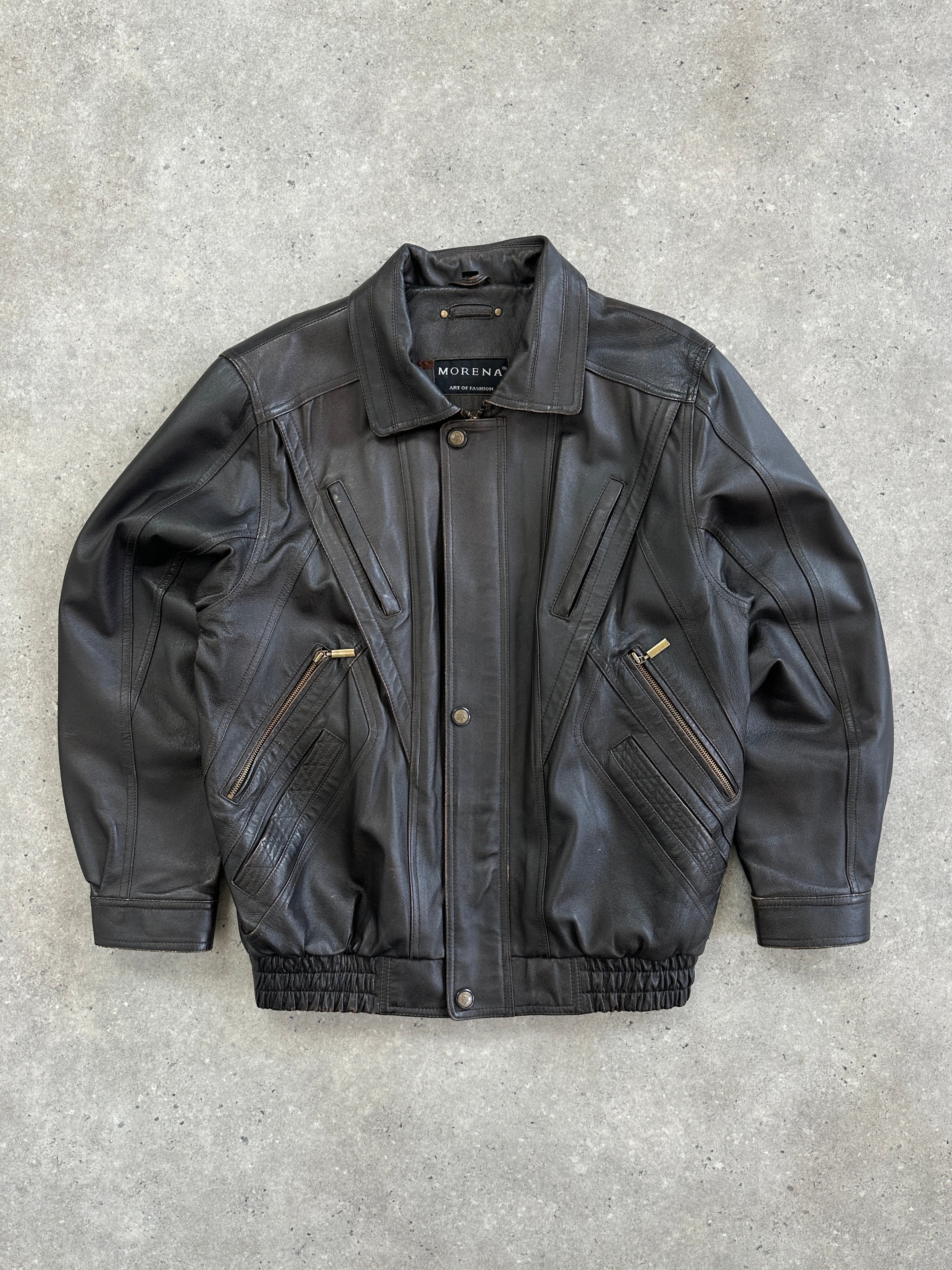 Vintage Leather Blouson Bomber Jacket in XL, stylish men's jacket with classic distressed leather look and ribbed cuffs.