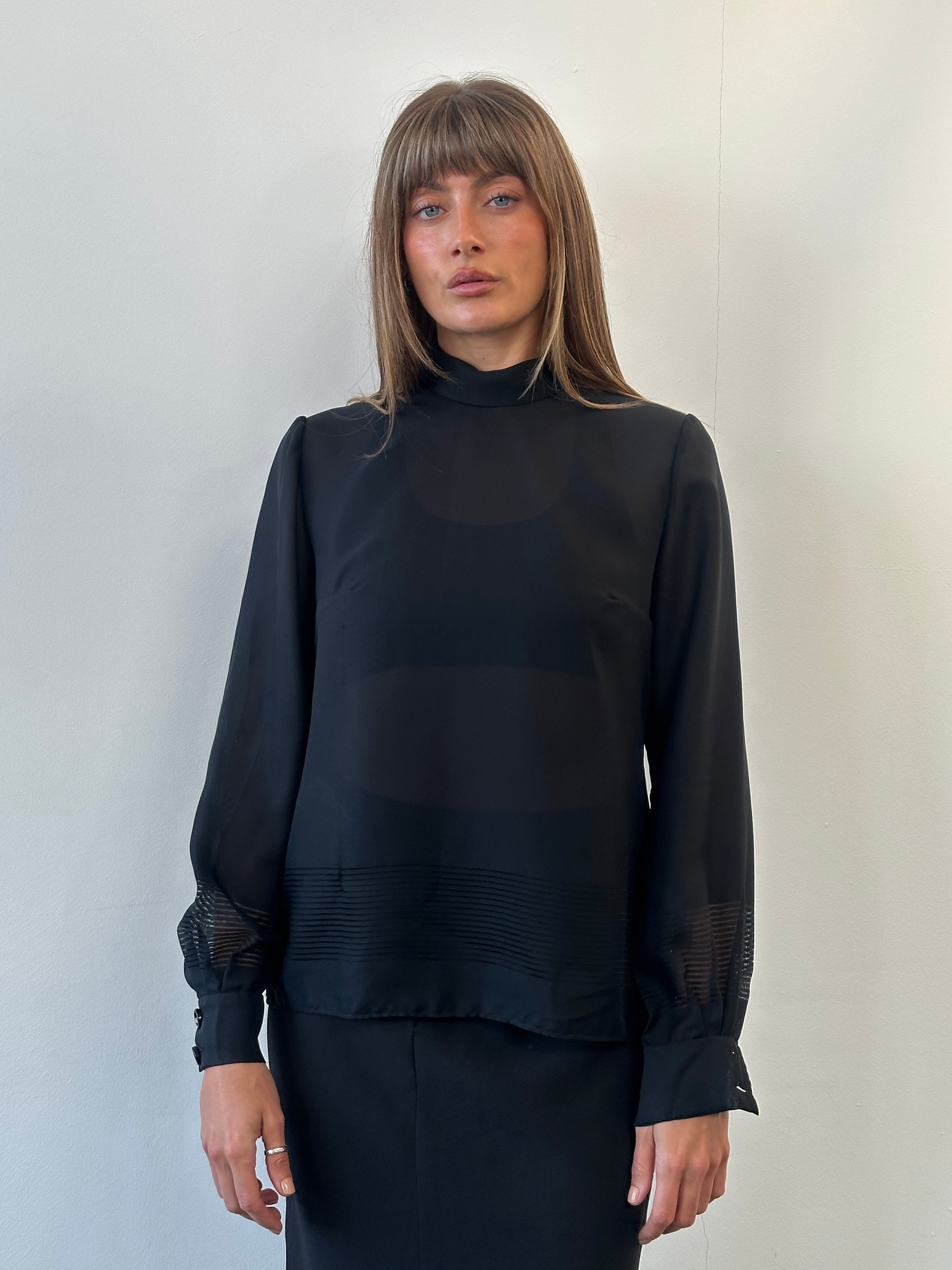 Vintage 1990s sheer stripe panel shirt, size medium, featuring lightweight fabric and retro striped design.