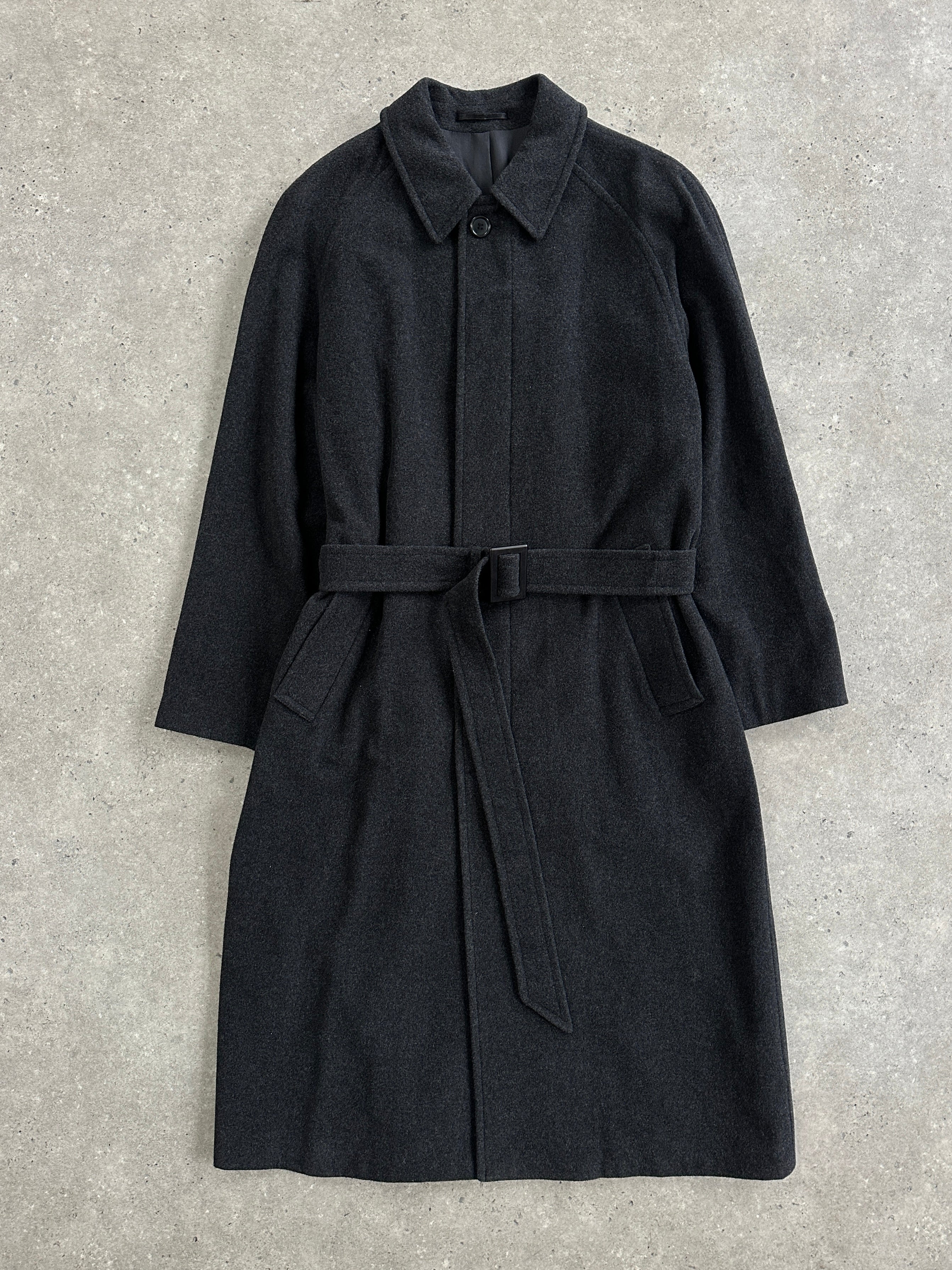 Vintage 1990s wool cashmere belted coat in size L/XL, featuring classic design and warm, textured fabric.