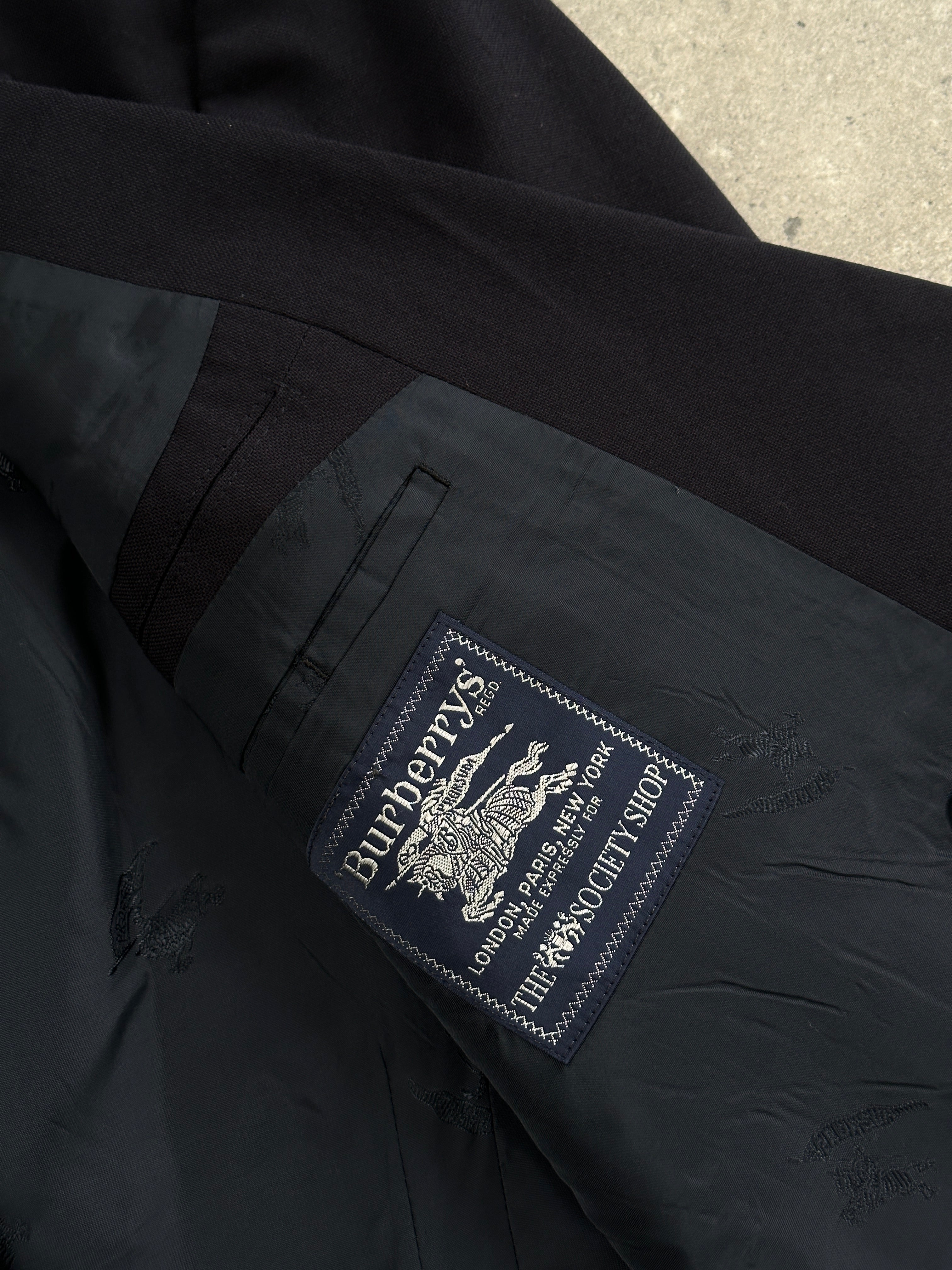 Burberry bespoke button pure wool double-breasted blazer in size L, tailored fit with classic check pattern and stylish lapels.