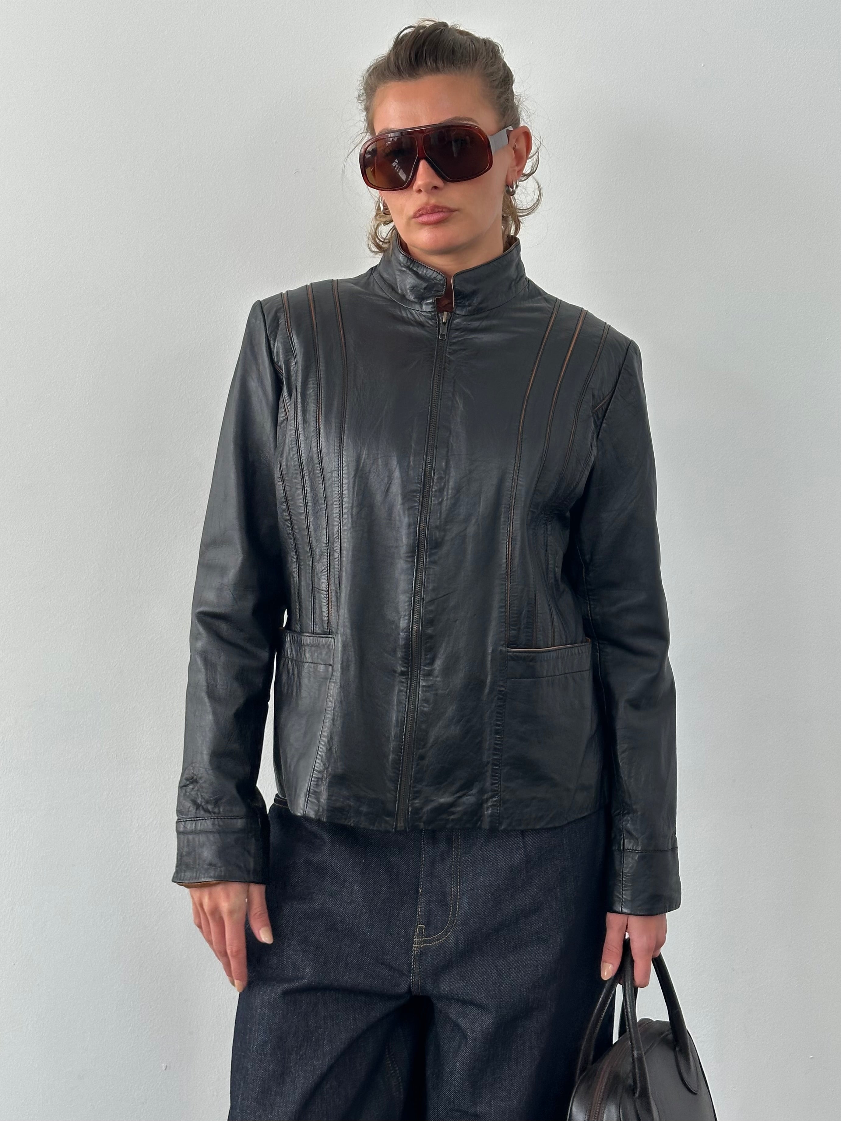 Vintage 1990s High Neck Leather Jacket - M-L