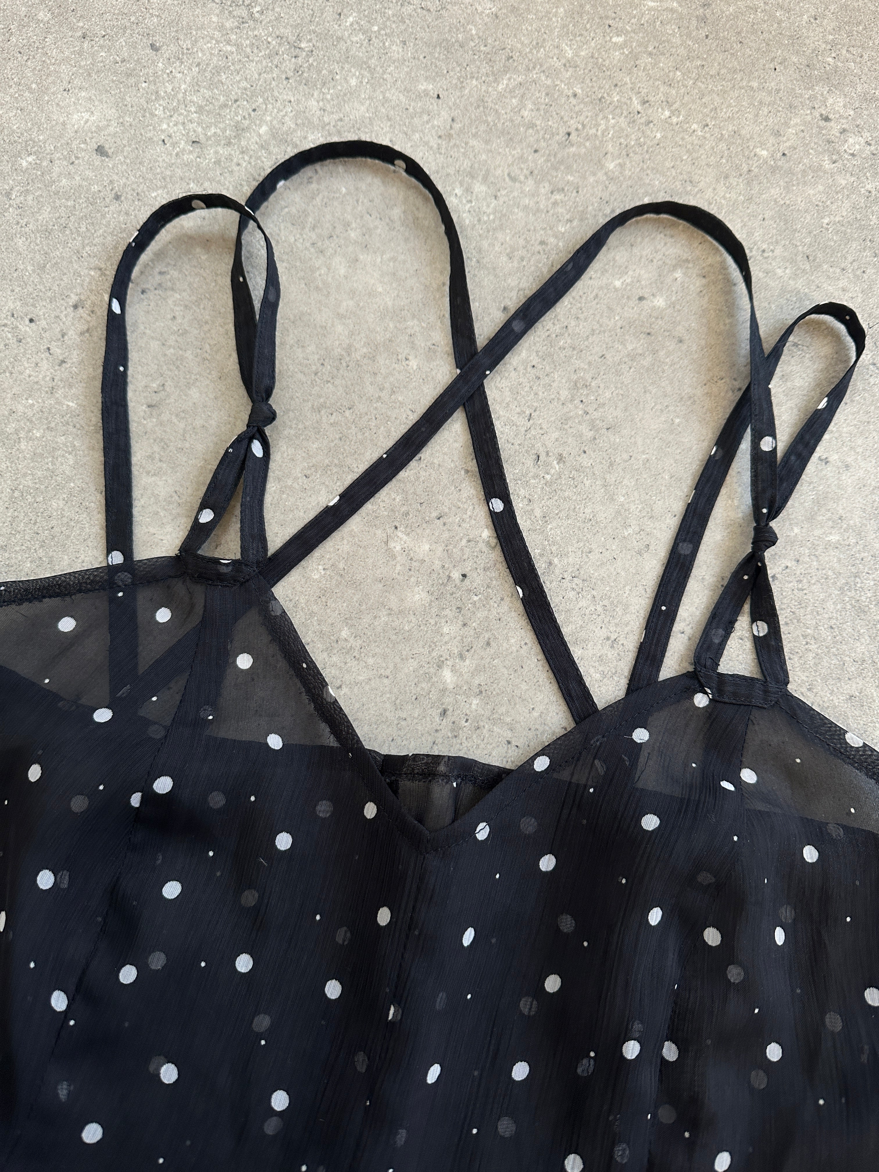 Vintage 2000s sheer polkadot slip dress in size small, featuring a delicate, lightweight fabric with a vintage-inspired design.