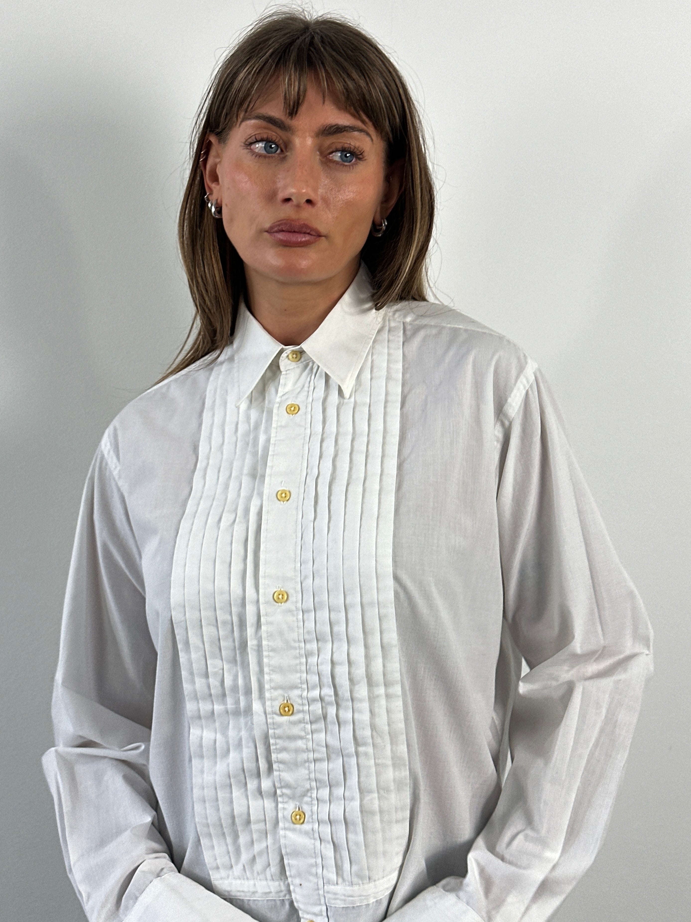 Yves Saint Laurent Pour Homme 1990s tuxedo cotton dress shirt in size M, white with classic collar and button-front design.
