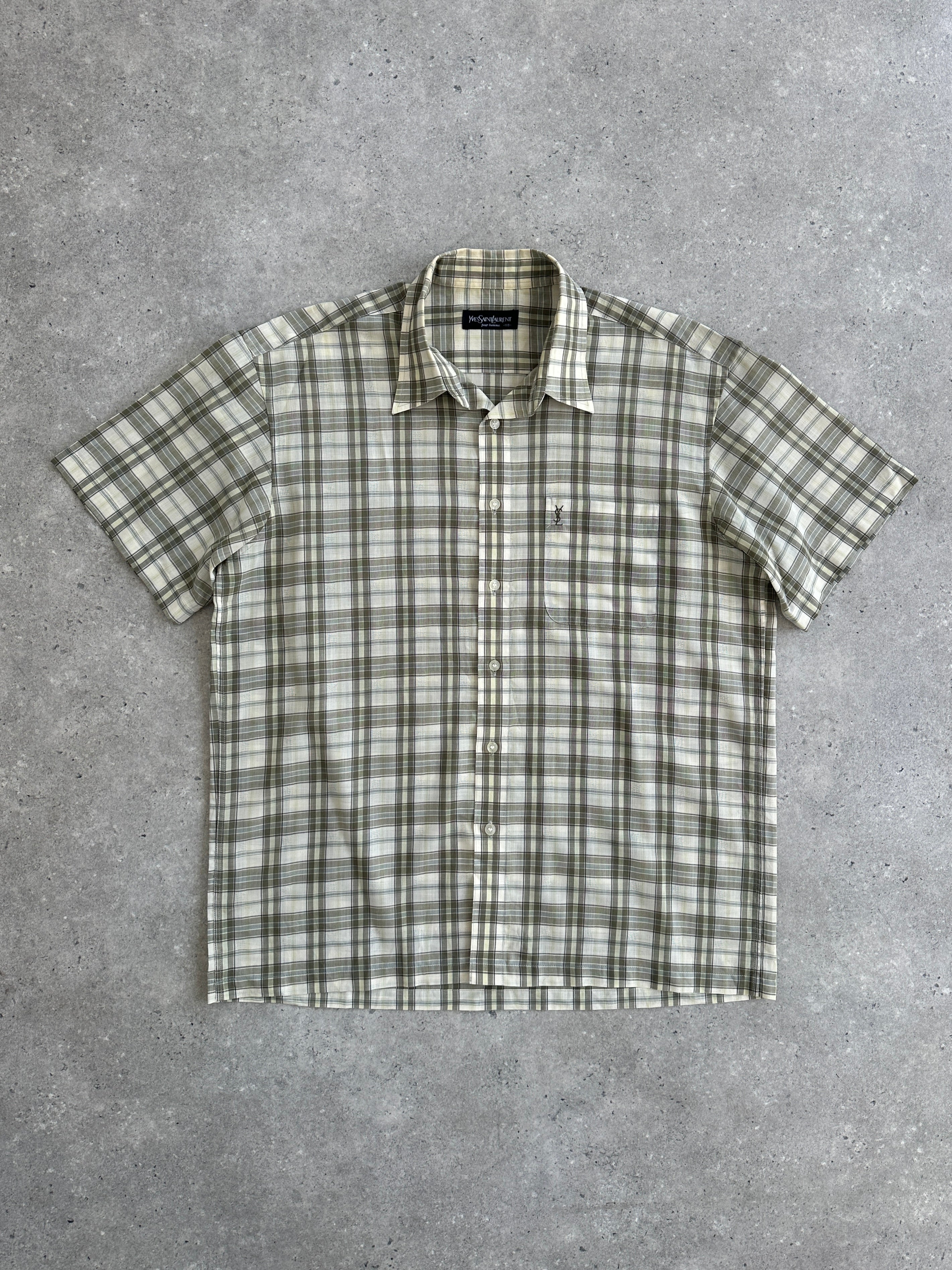 Yves Saint Laurent Pour Homme 2000s cotton check short sleeve logo shirt in XL with a classic check pattern and logo detail.