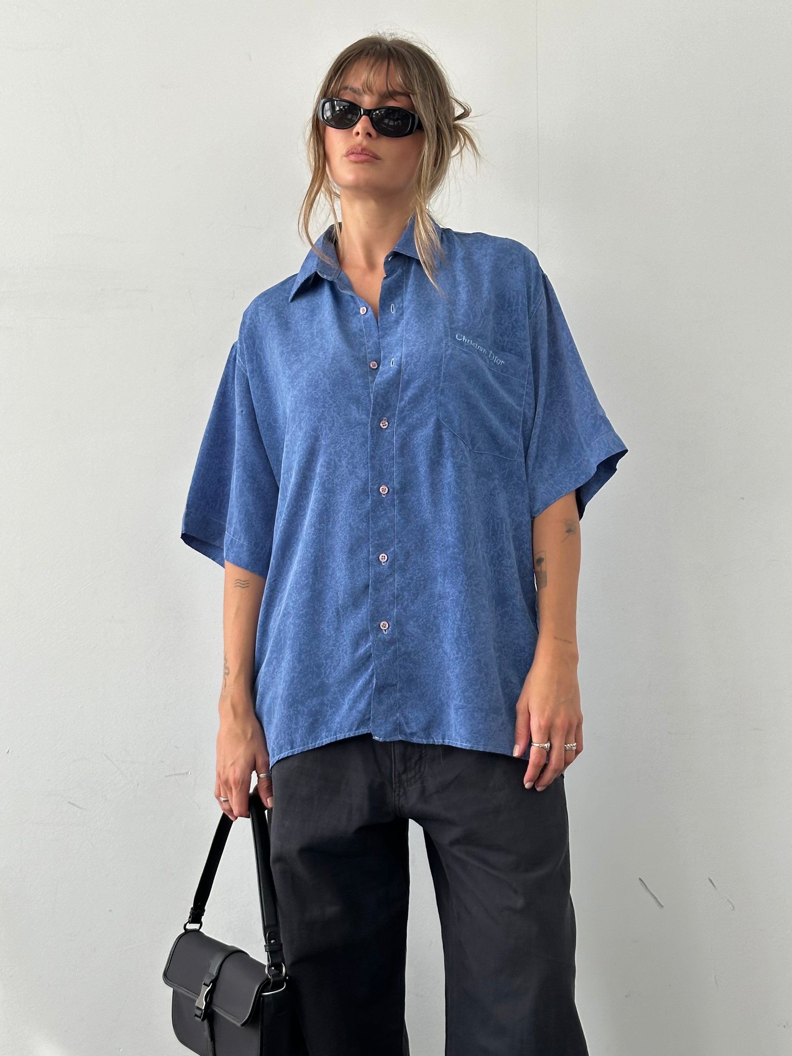 Christian Dior 90s silk print short sleeve logo shirt in XL, featuring vibrant multicolor design and classic Dior branding.