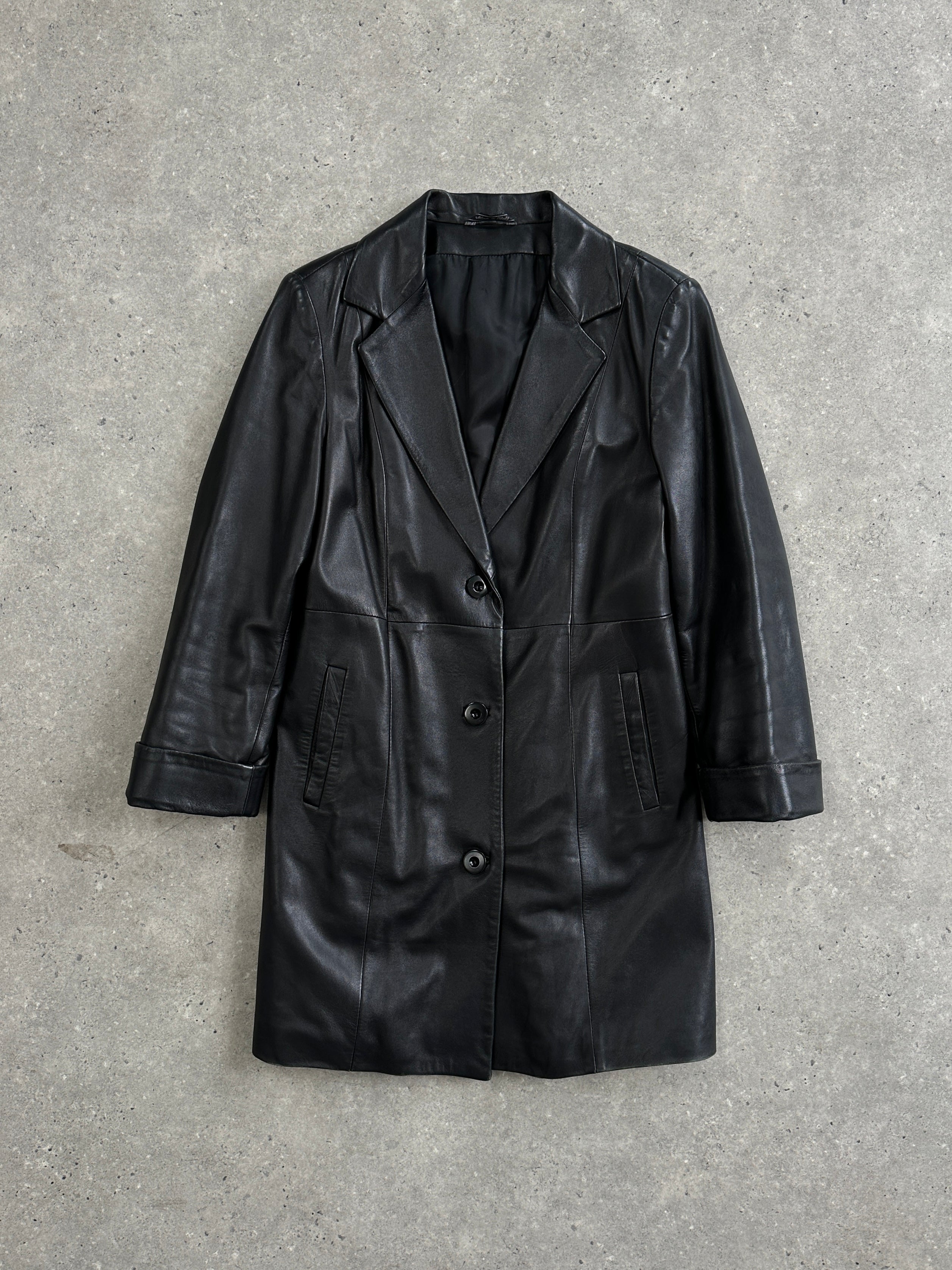Vintage Italian vintage mid-length leather jacket, size S, with classic design and smooth brown leather, displayed on a hanger.