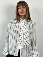 Vintage 1980s Sheer Stripe Tie Neck Shirt - M - SYLK