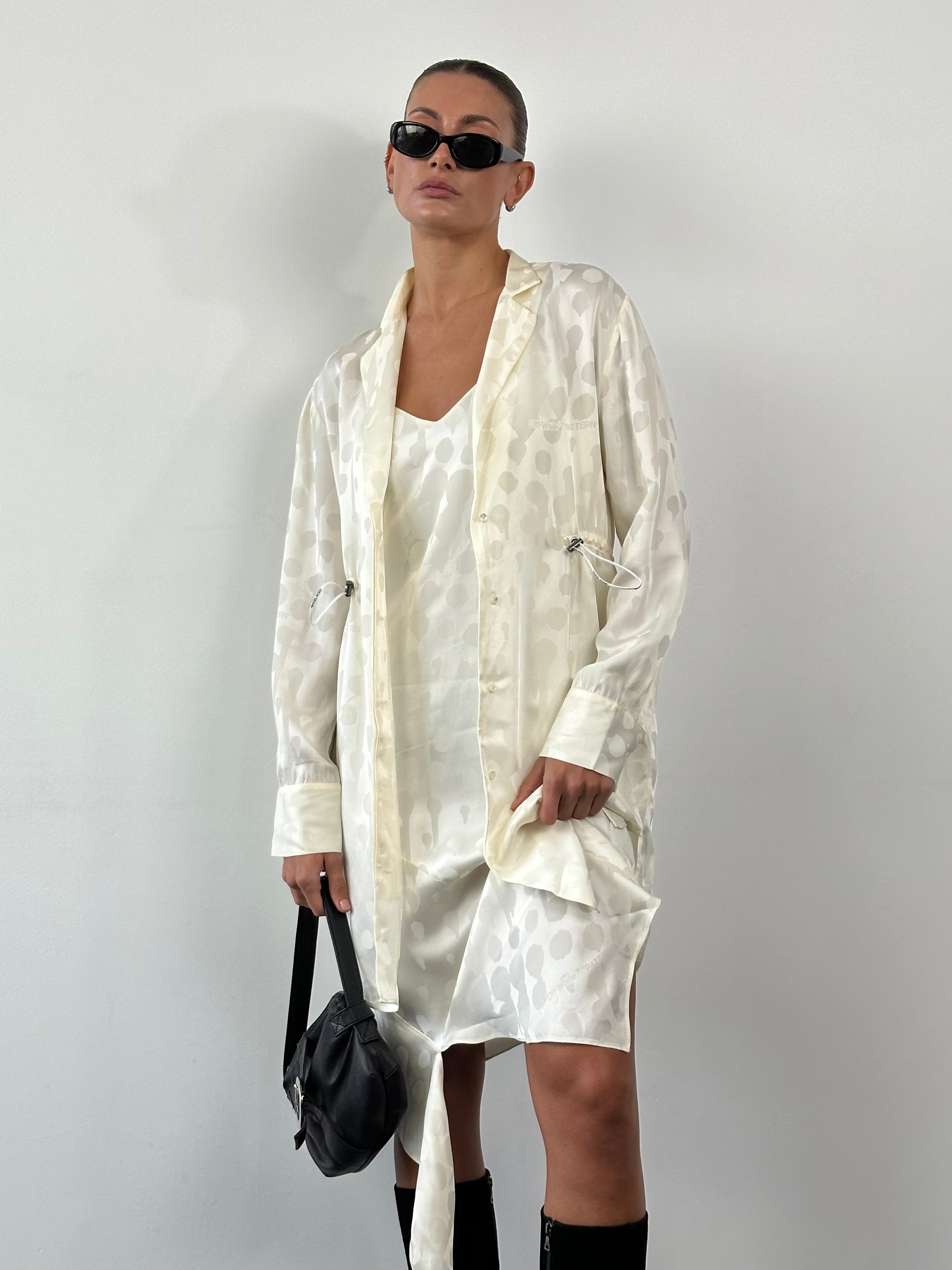 Off-White two-piece cami and shirt dress set in pattern, featuring a stylish, coordinated design perfect for casual or semi-formal wear.