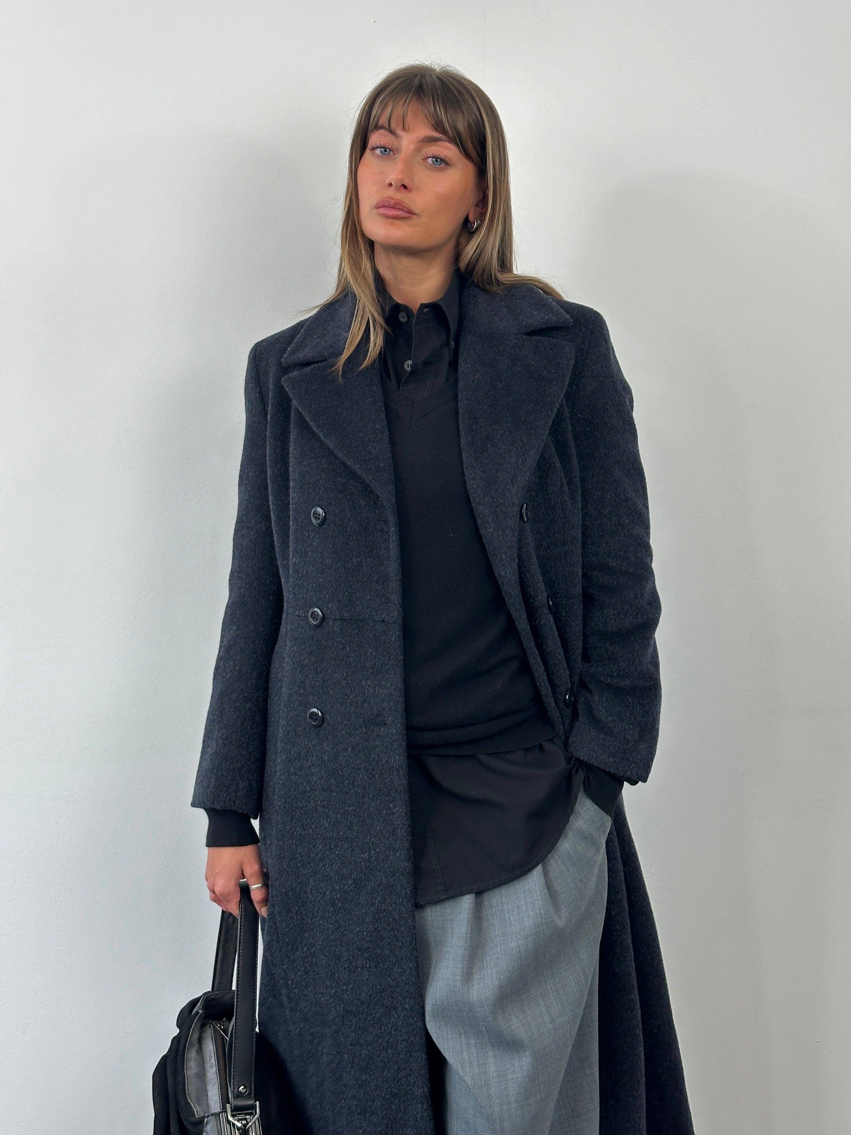 Vintage 1990s wool mohair double-breasted coat in S/M, classic long coat with tailored lapels and button details.