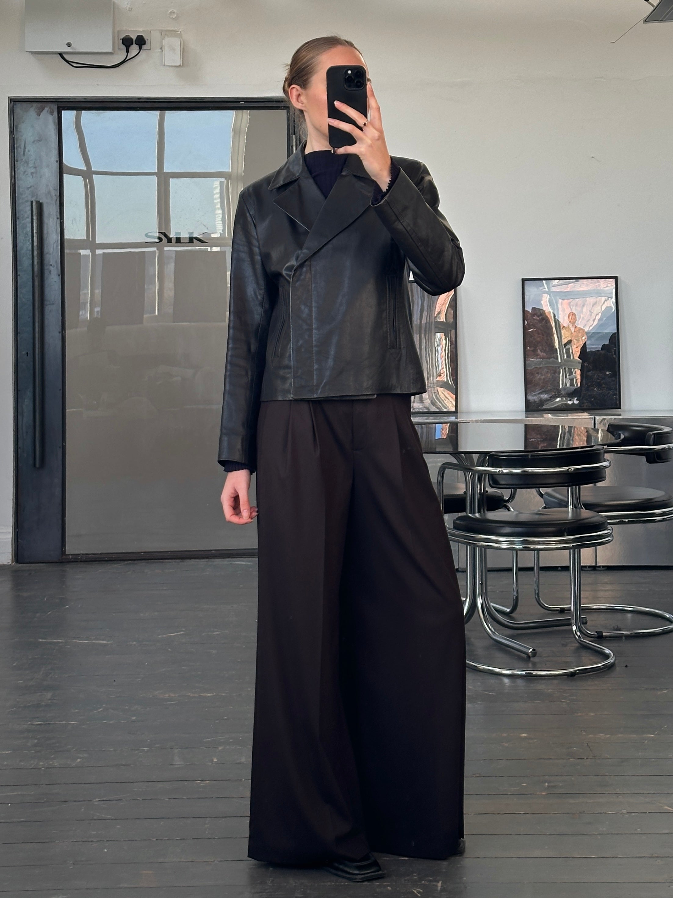 Nicole Farhi 1990s leather jacket, size small, stylish vintage brown leather jacket with classic design.