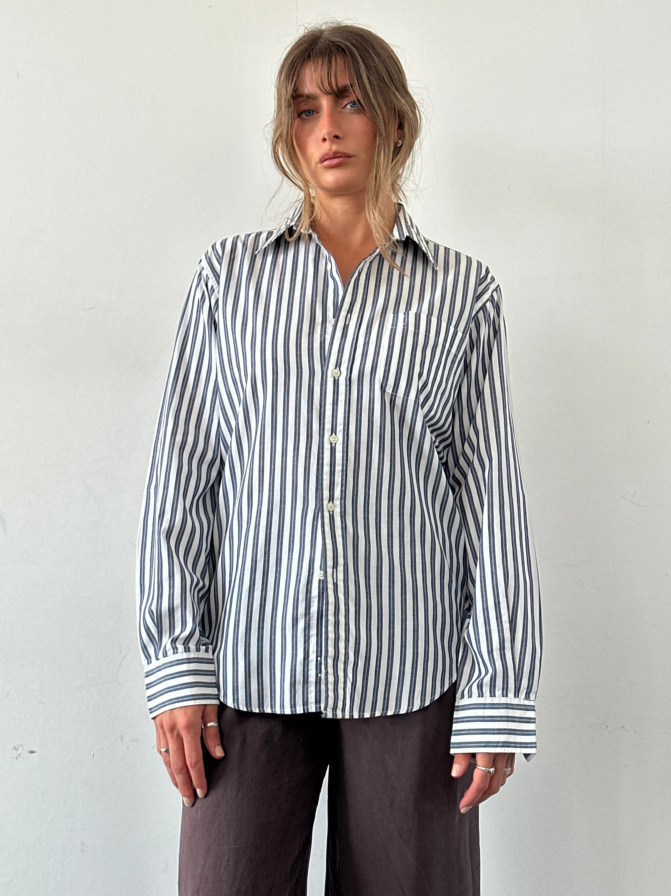 Yves Saint Laurent Pour Homme pure cotton striped logo shirt in size M, featuring a classic design and YSL branding.