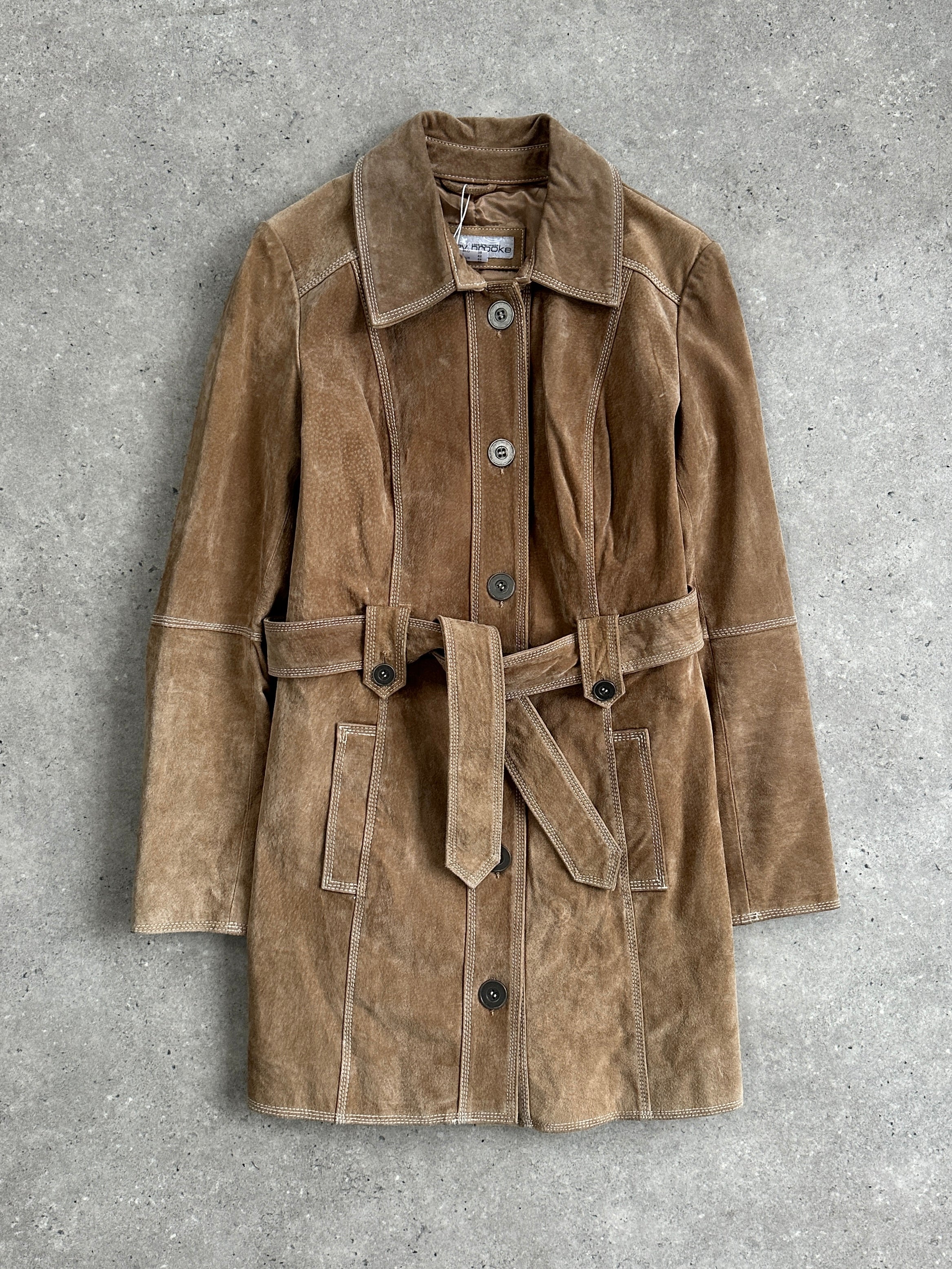 Vintage suede belted jacket in size M, featuring classic design and textured material, perfect for casual or stylish outfits.