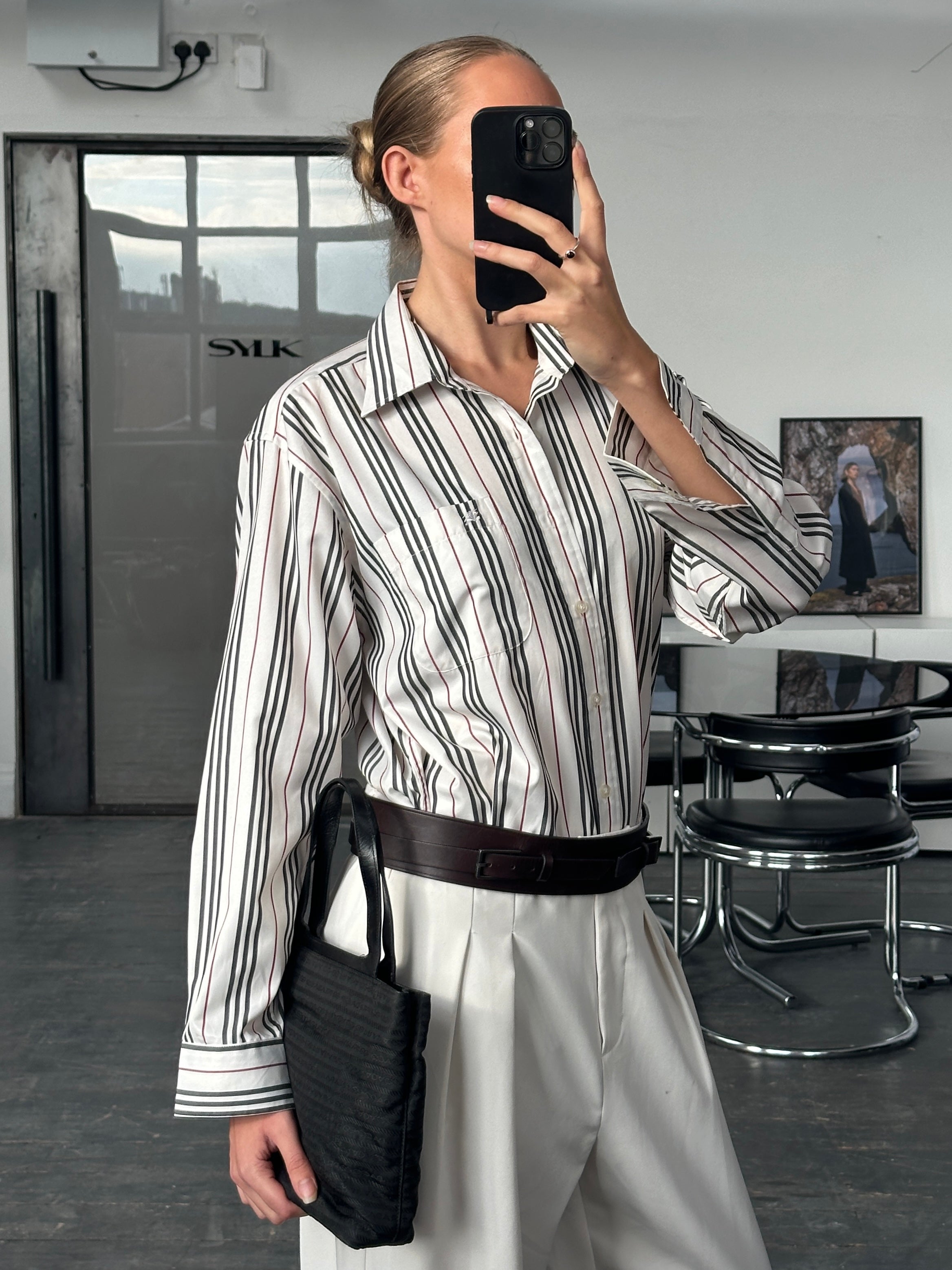 Burberry London 1990s stripe cotton logo shirt, M/L, featuring classic pattern and button-down front.