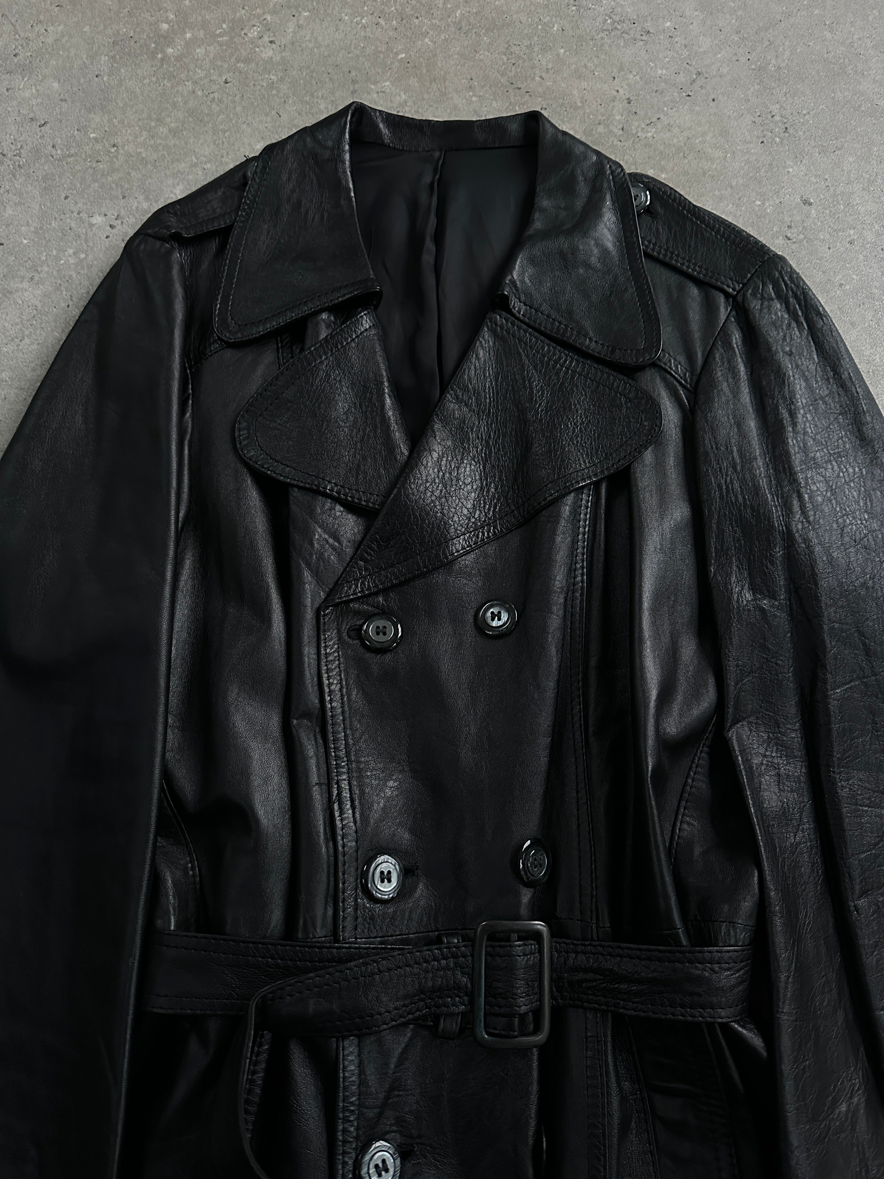 Vintage 1990s leather double-breasted trench coat, M/L size, featuring classic design and tailored fit in rich leather.
