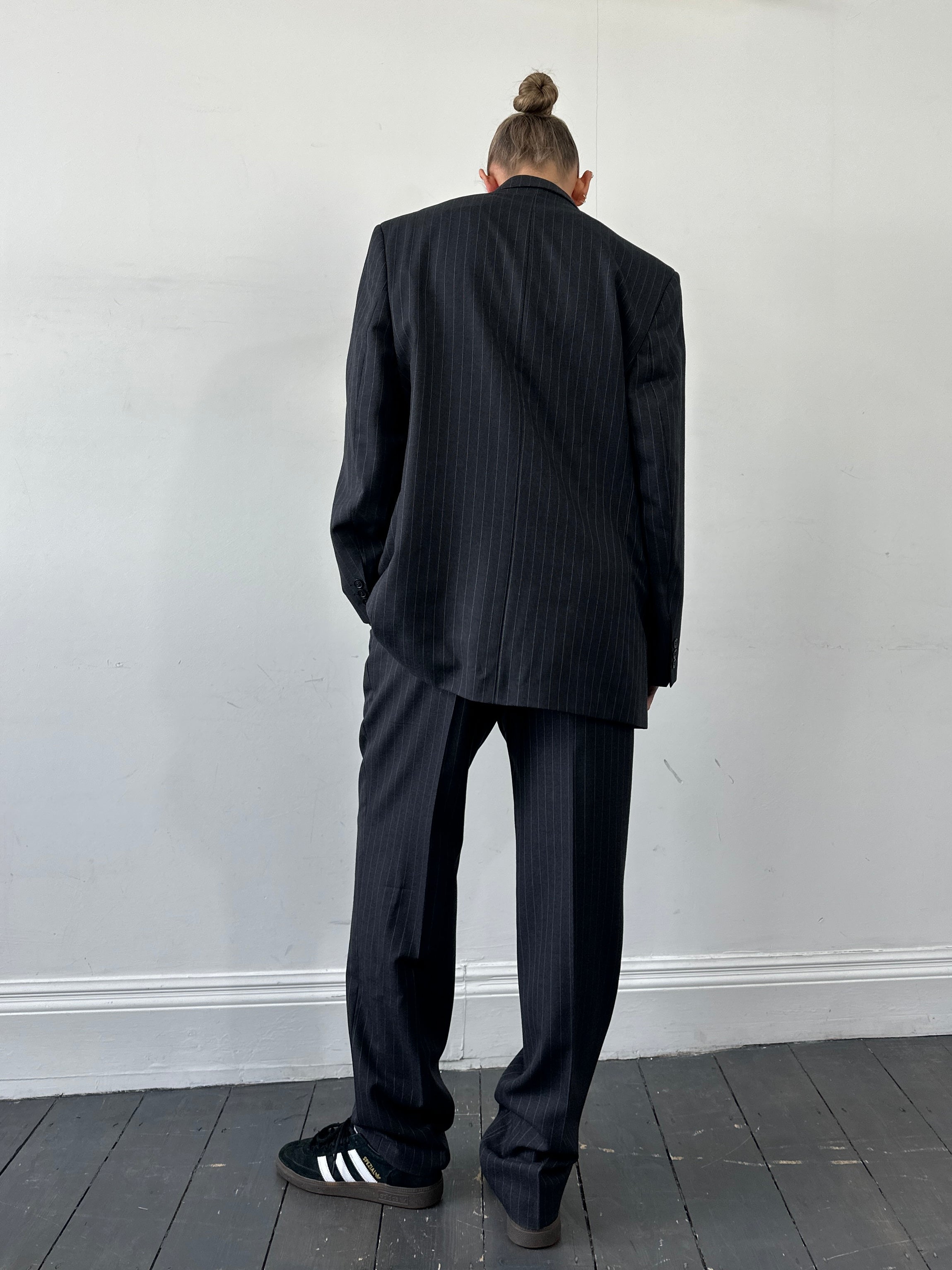 Pierre Cardin pinstripe pure wool jumpsuit with single-breasted design, size 40R/W32, featuring tailored fit and classic style.