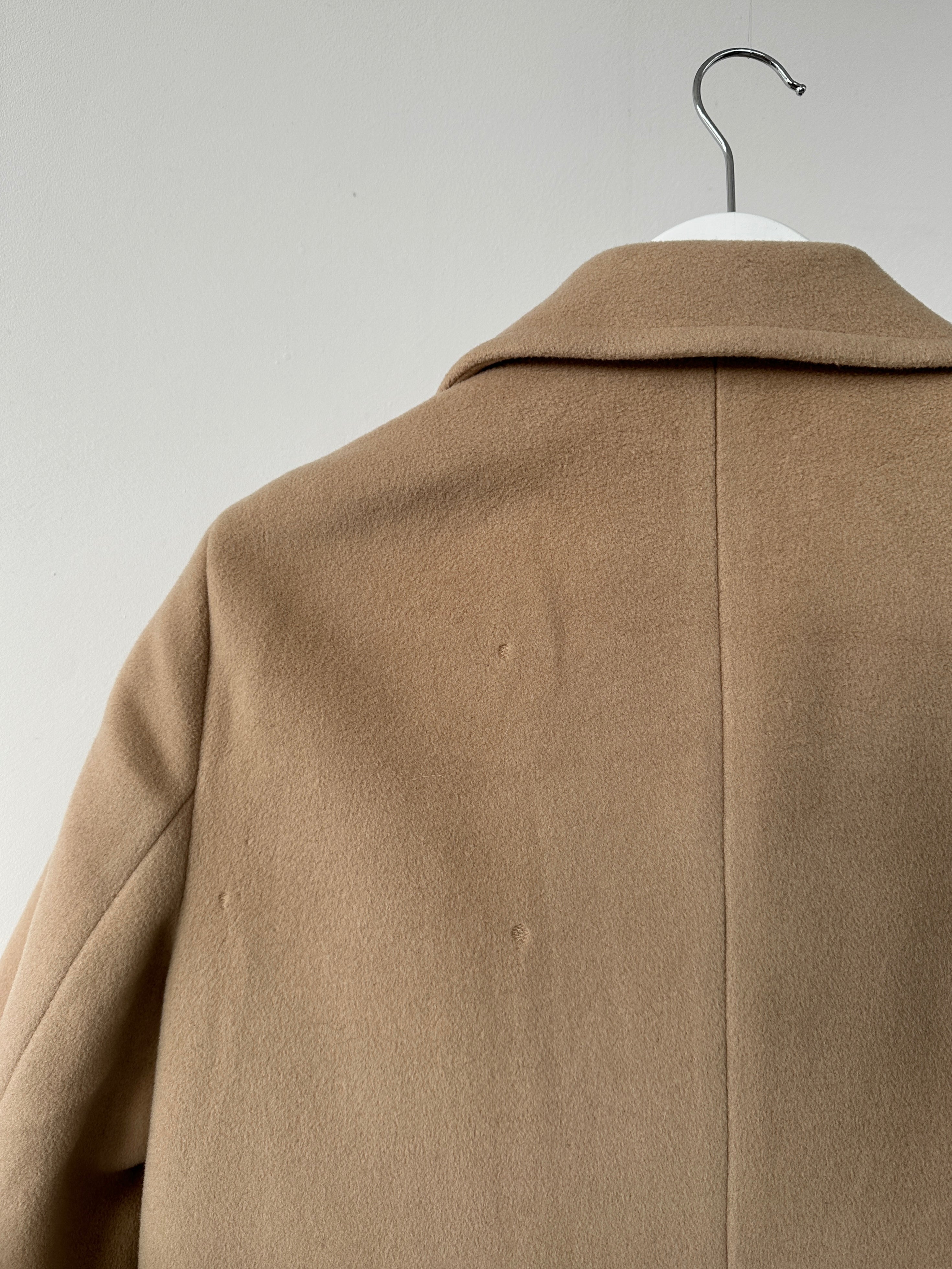 Hugo Boss pure wool single-breasted coat for men, in size small, featuring classic collar and tailored fit, navy blue color.