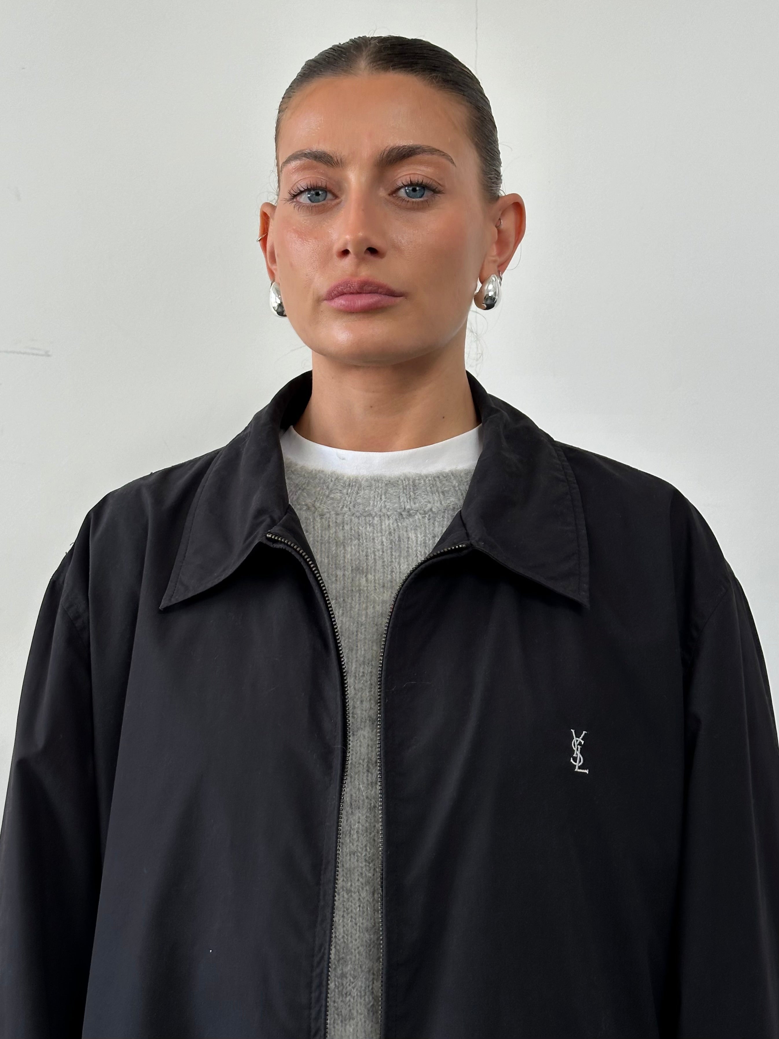Yves Saint Laurent Pour Homme logo bomber jacket in XXL, black with YSL branding, stylish and casual men's outerwear.