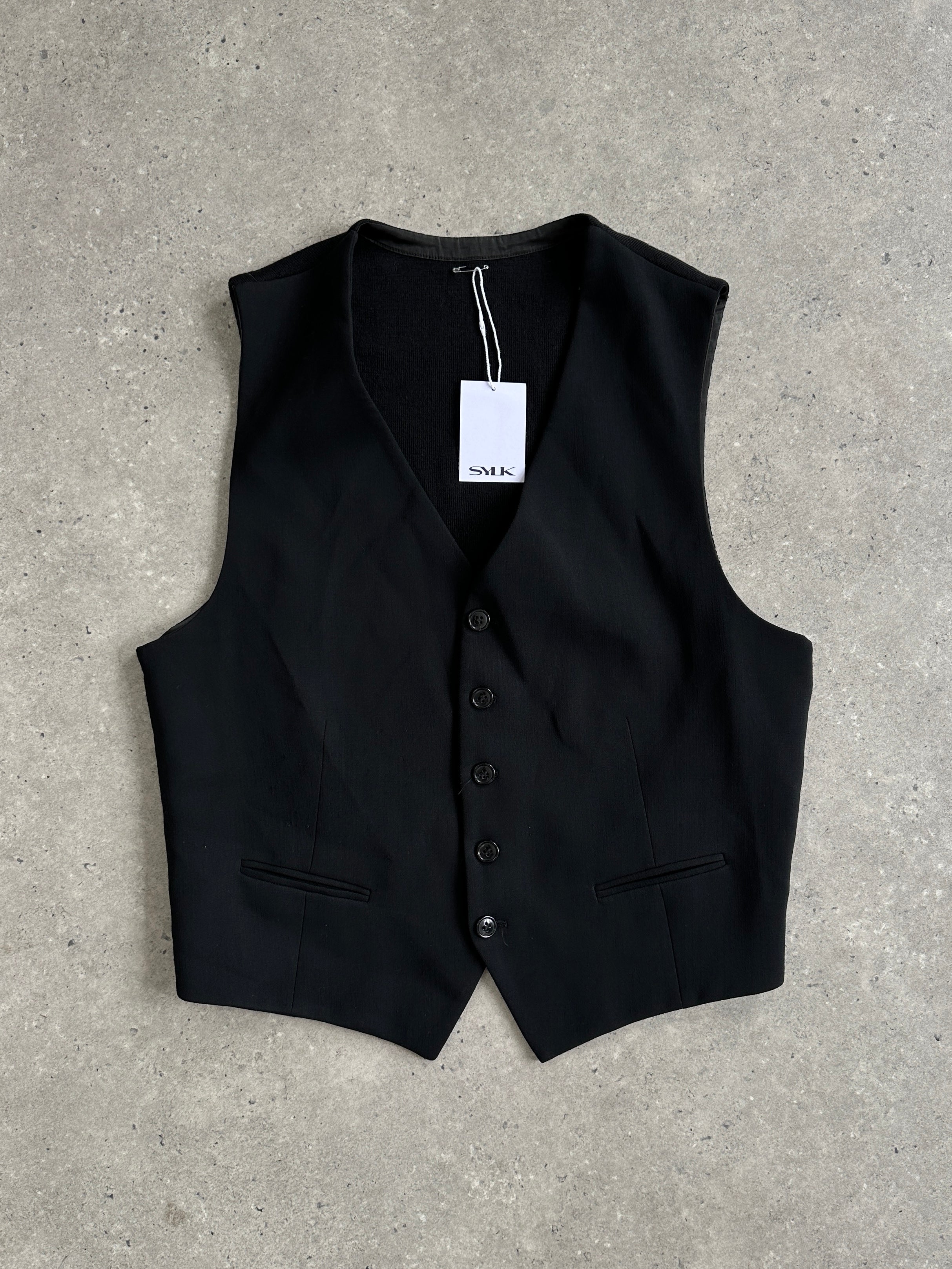 Emporio Armani virgin wool tailored waistcoat in size XL, featuring a sleek, structured design with a classic lapel and button closure.