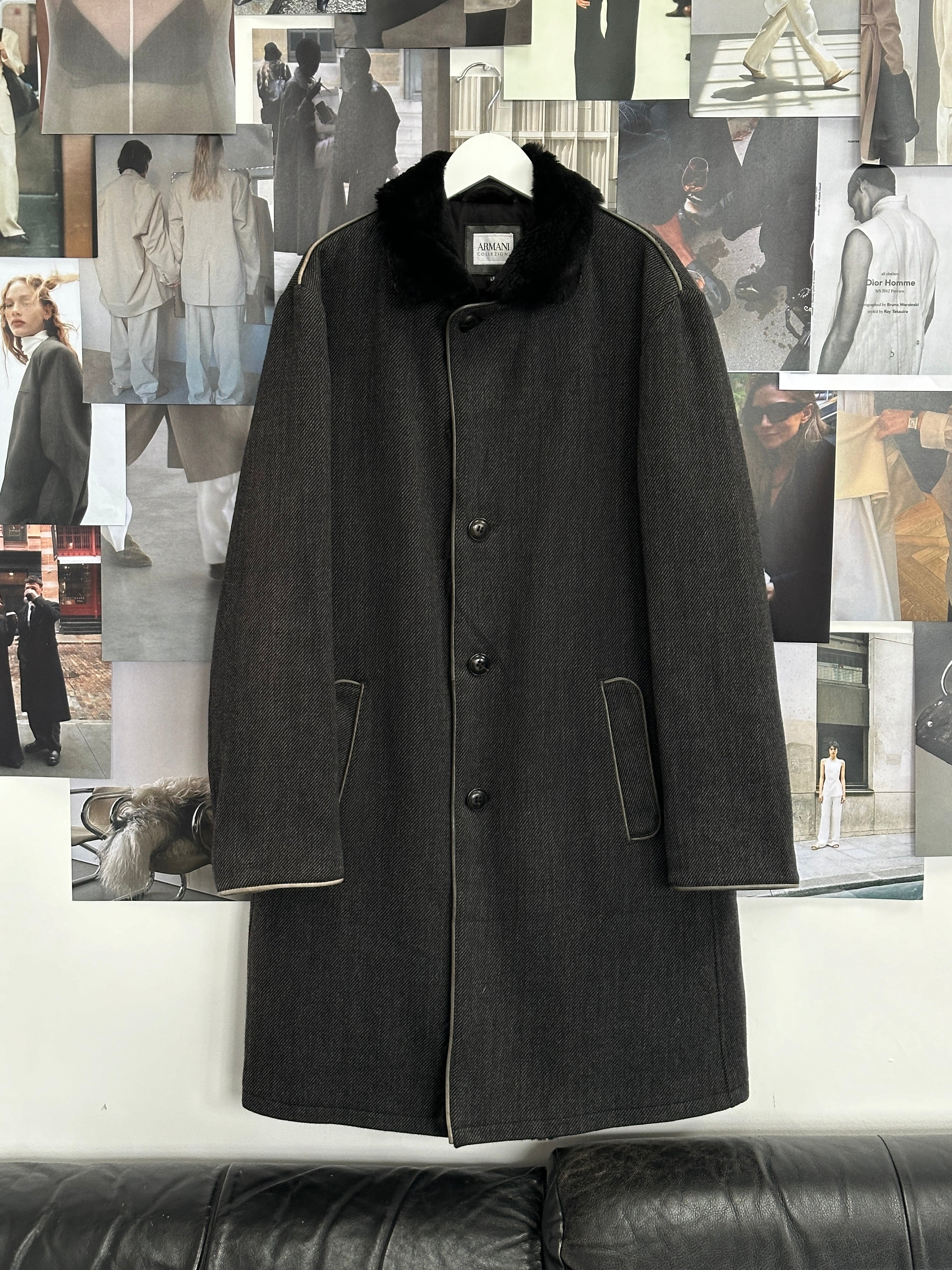 Armani Collezioni wool coat with fur collar, 2000s style, front view showing classic silhouette and luxurious fabric.