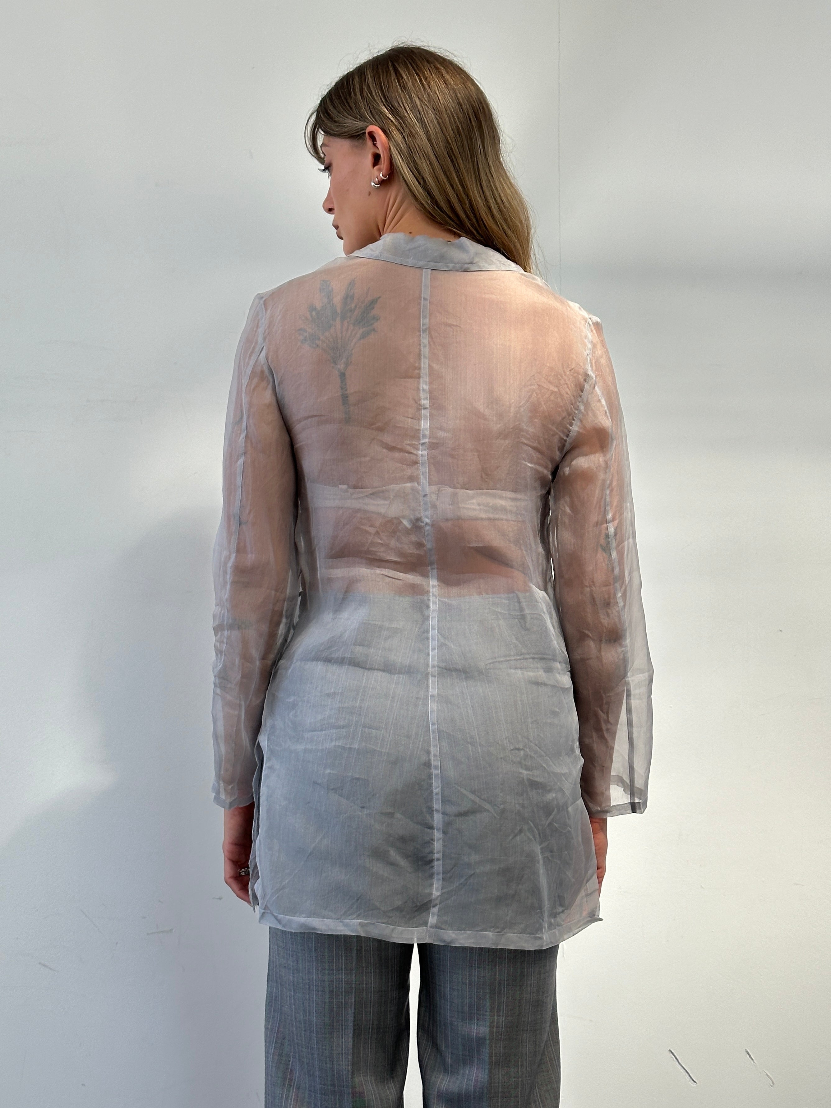 MAX & Co sheer organza shirt in size S, lightweight and stylish, featuring transparent fabric and classic collar design.