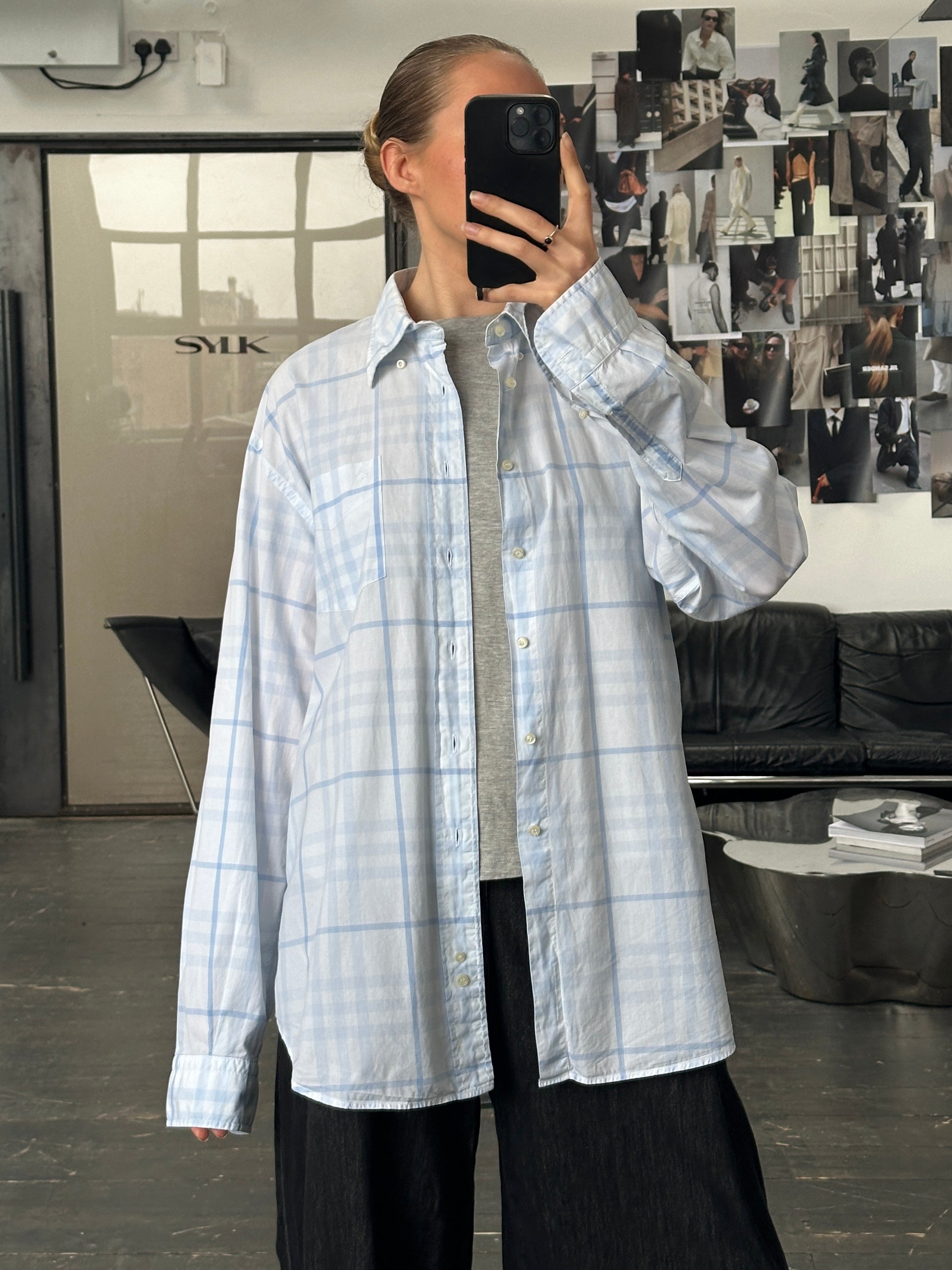 Burberry London 2000s cotton check shirt in XL with classic plaid pattern, long sleeves, and button-down front.
