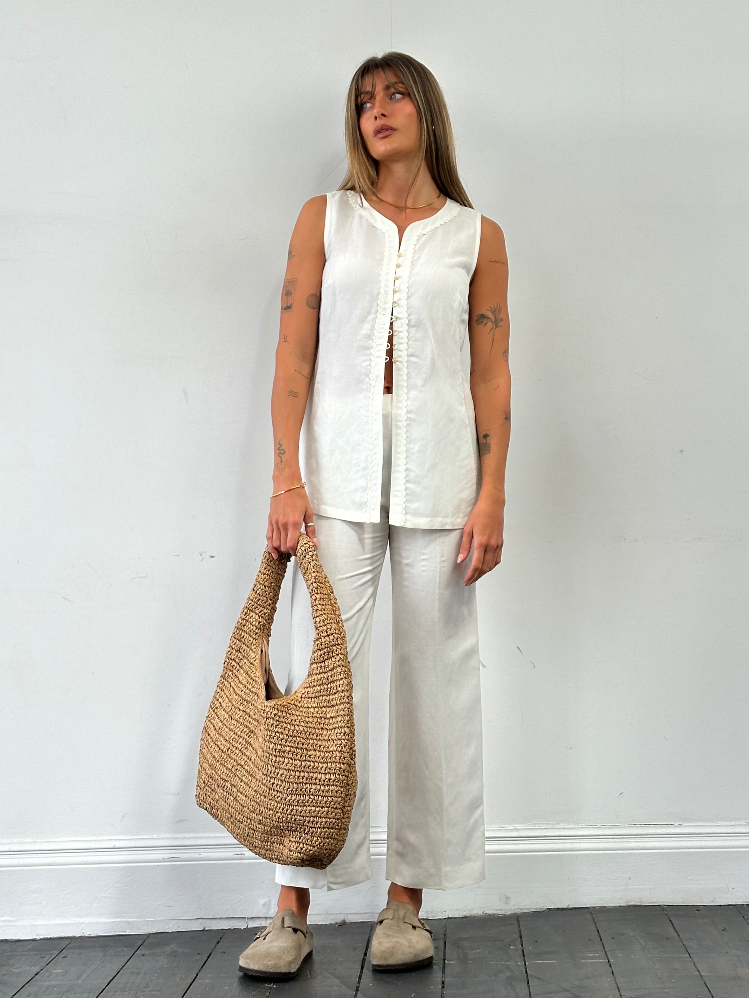 Marella linen embroidery waistcoat and trousers two-piece set in natural fabric, includes embroidered waistcoat and matching trousers.