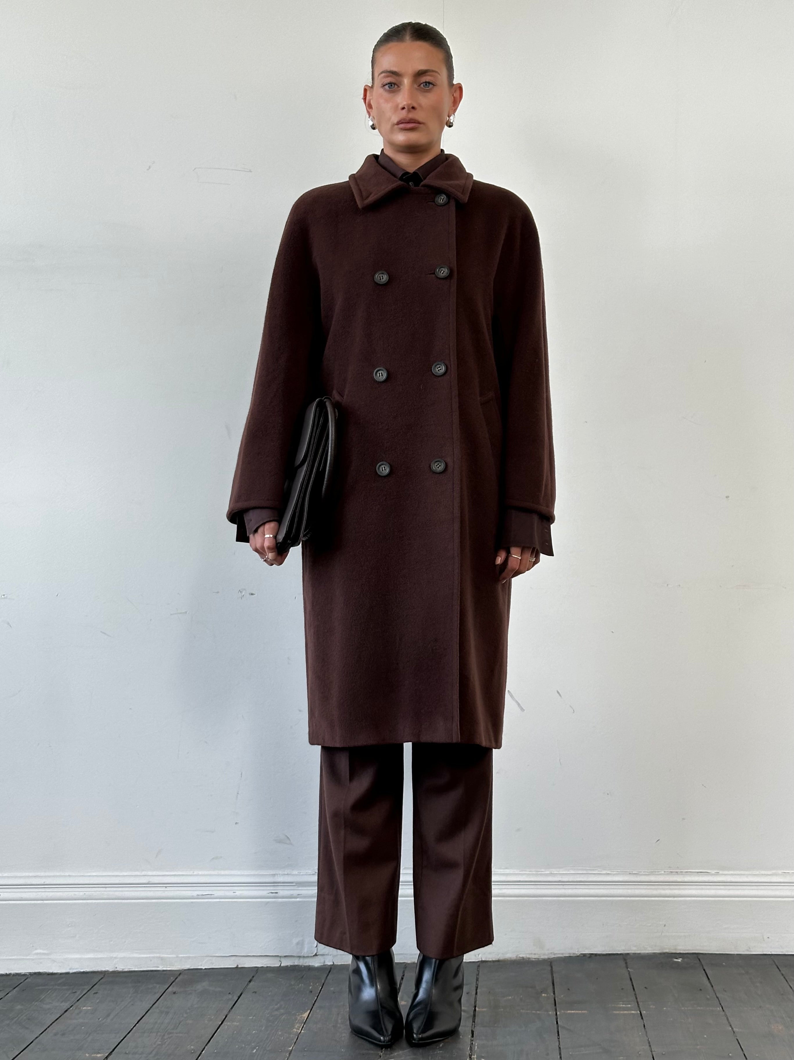 Marella wool cashmere double-breasted coat in size L, featuring a tailored fit and classic lapel design.