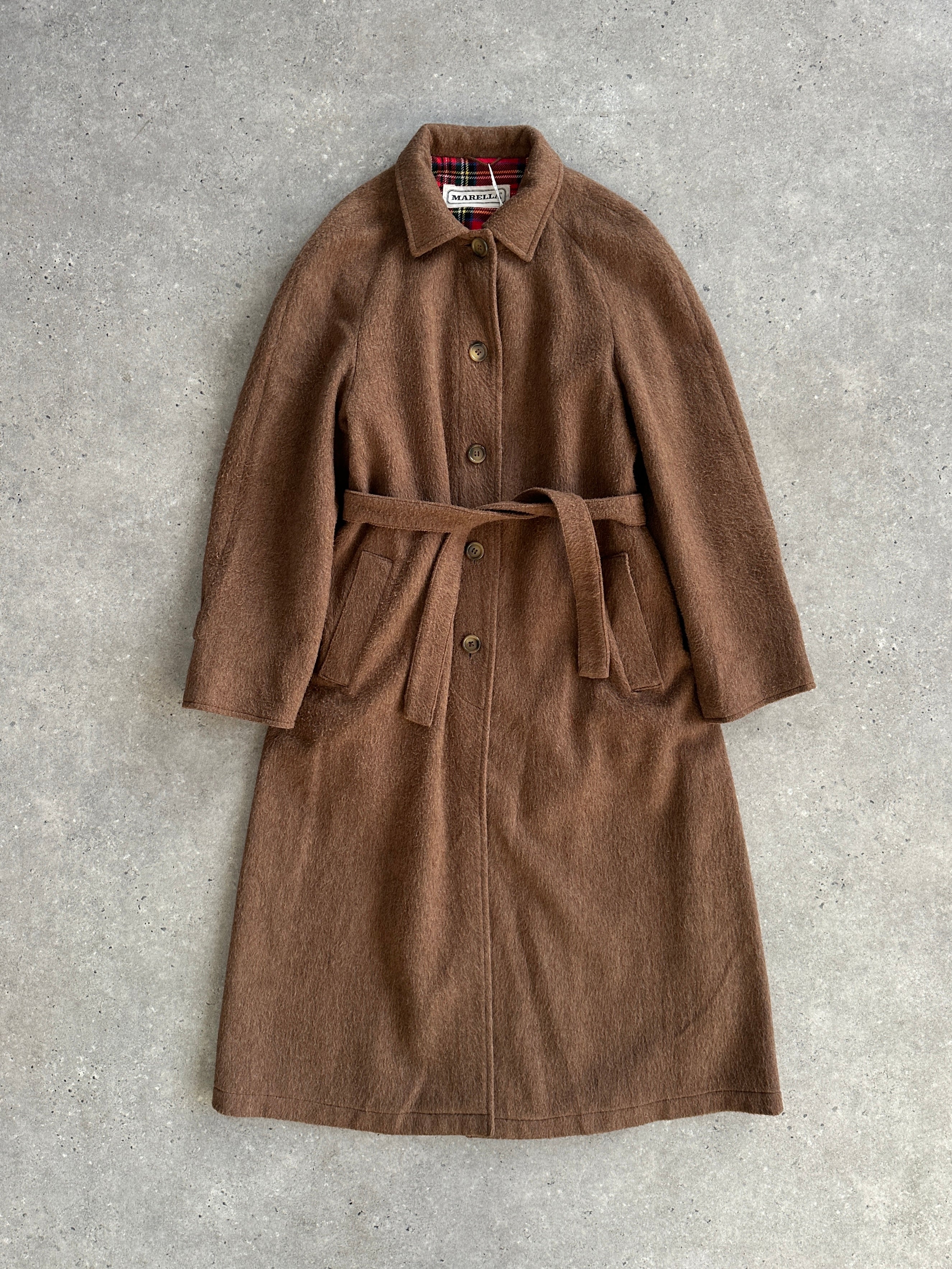 Marella 90s brushed wool single-breasted belted coat in camel color, featuring a classic collar and button details.